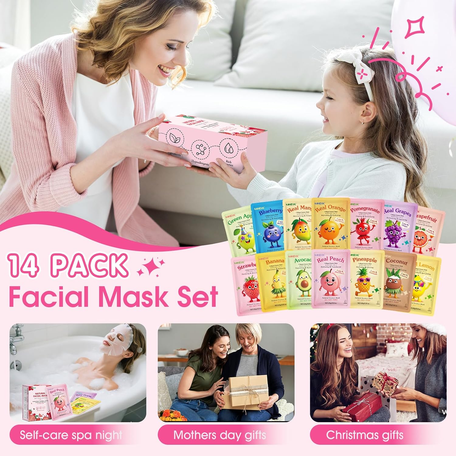 14 Pack Fruit Face Masks Skincare Set for All Ages