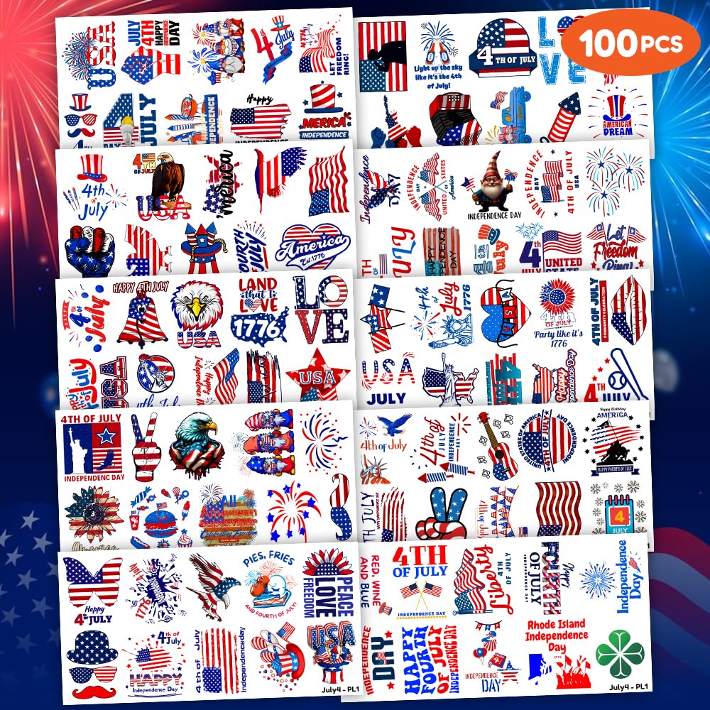 100 PCS 4th of July Temporary Tattoos for Parties and Kids