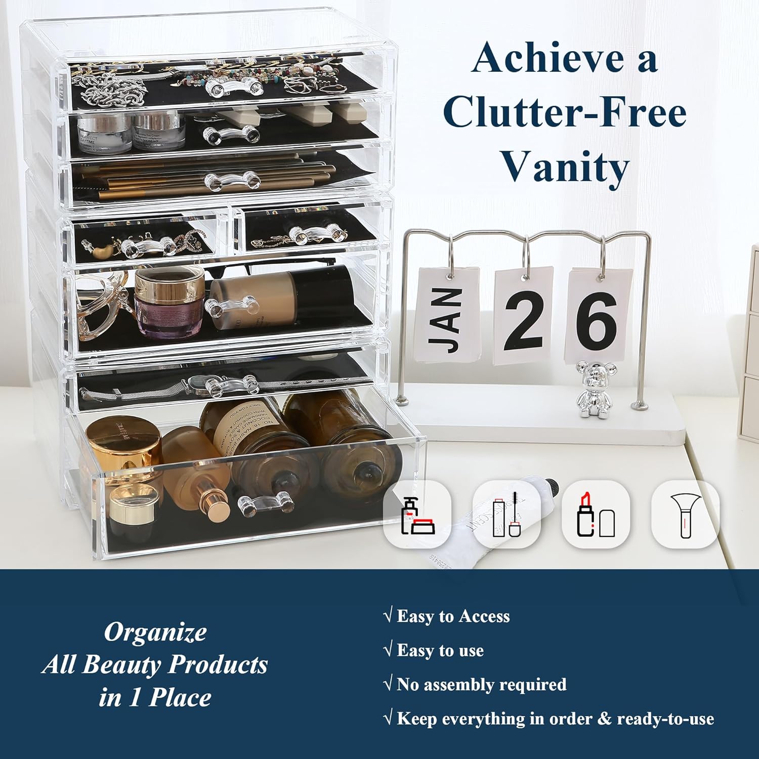 Sea Team 3-Tier Clear Makeup Organizer with 8 Drawers