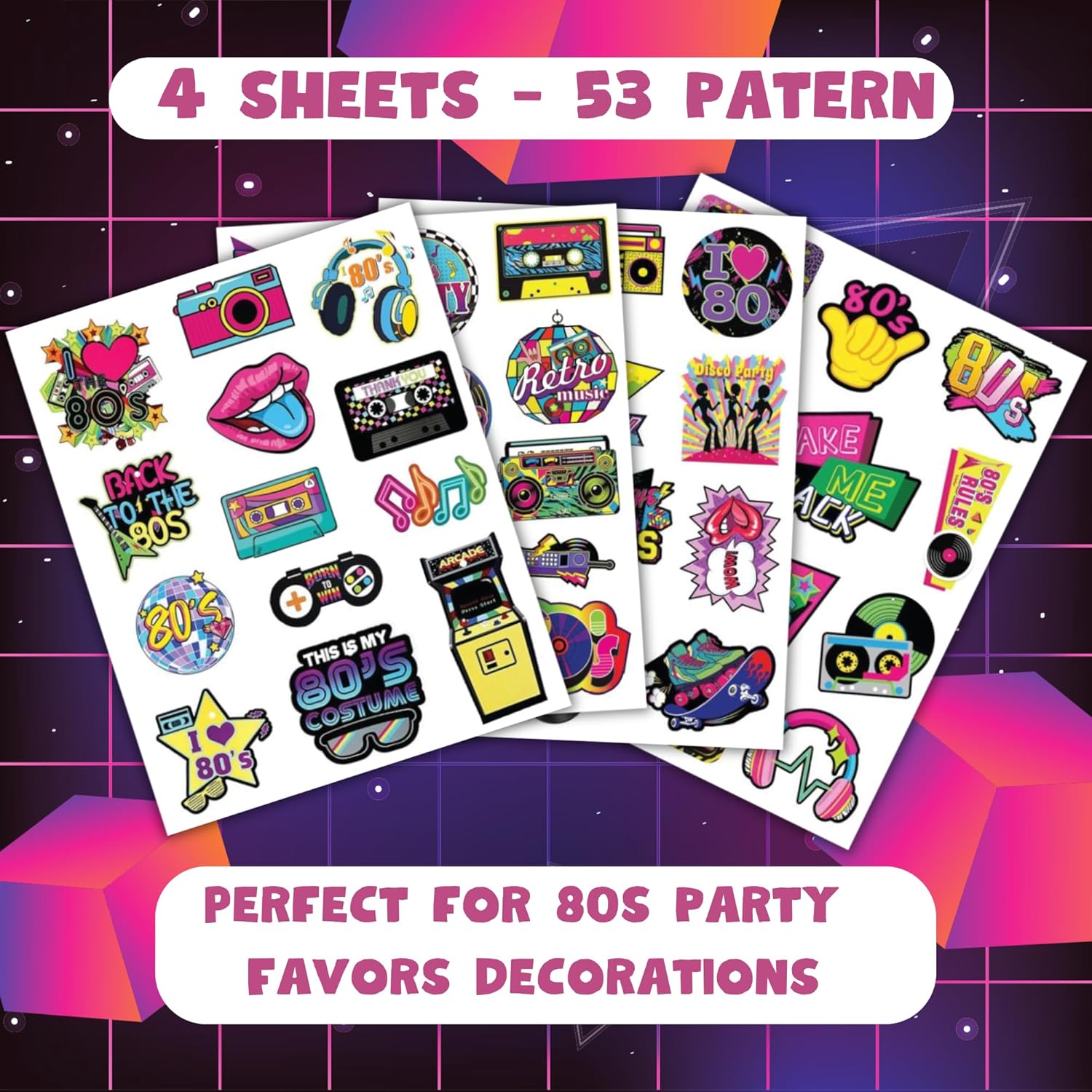 53 PCS 80s Temporary Tattoos Retro Party Decorations
