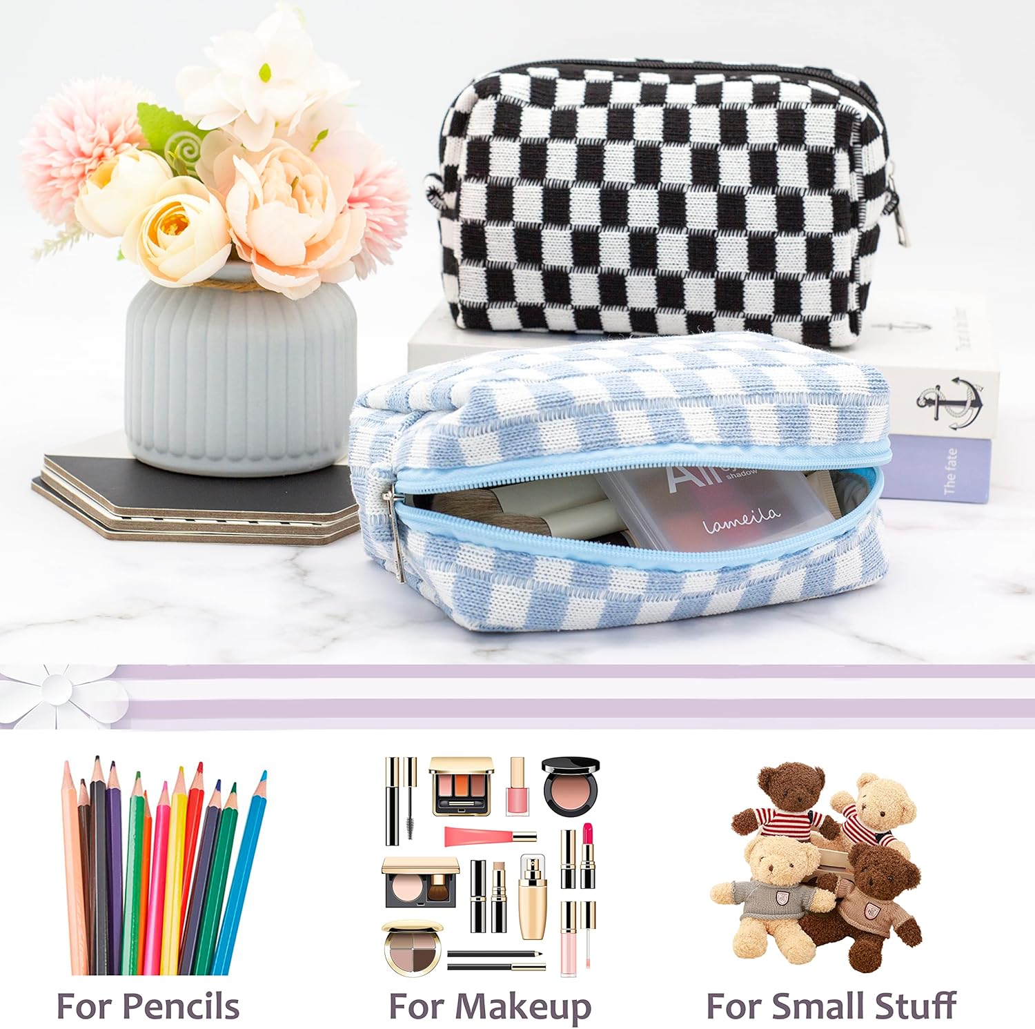 PAZIMIIK Checkered Cosmetic Bag Set for Travel 6PCS Blue