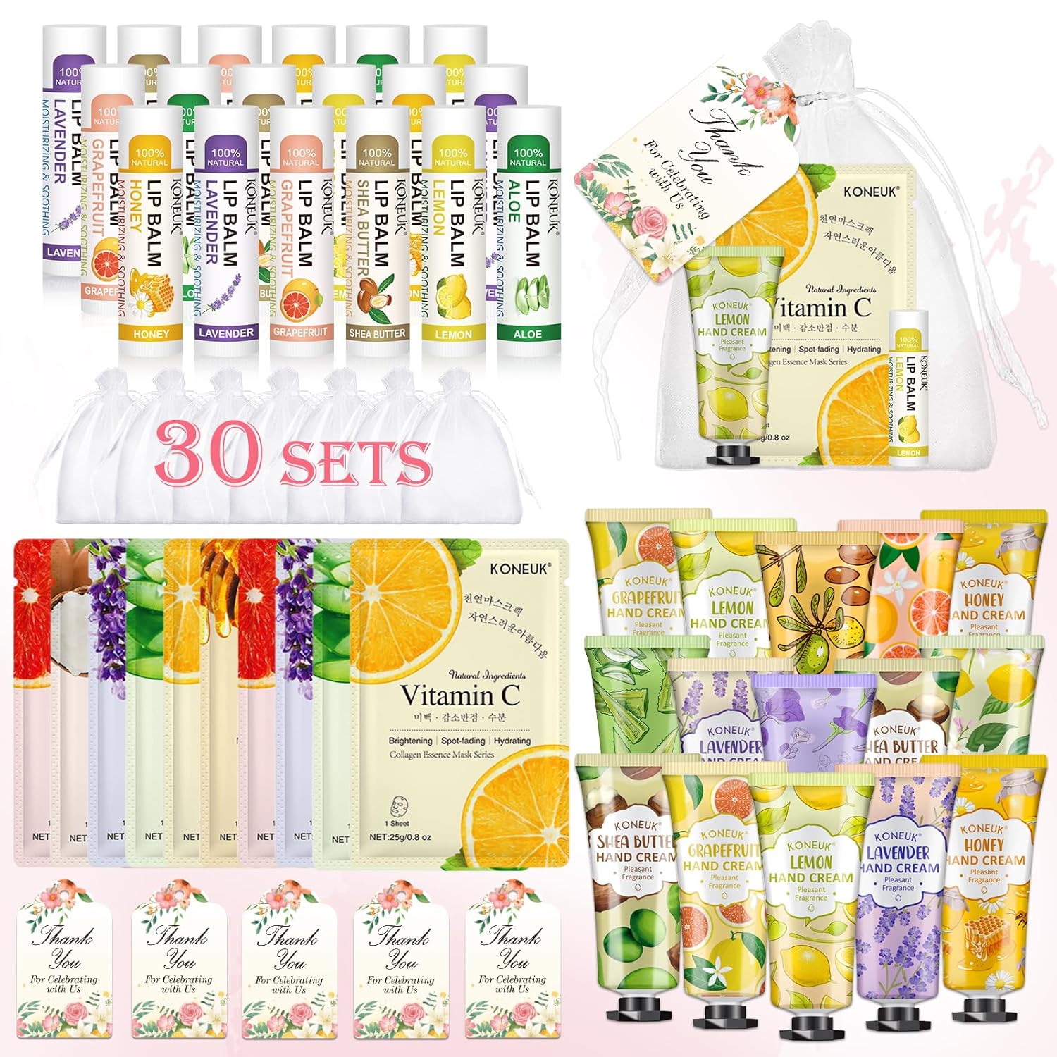 30 Pack Facial Mask Hand Cream Lip Balm Gift Set