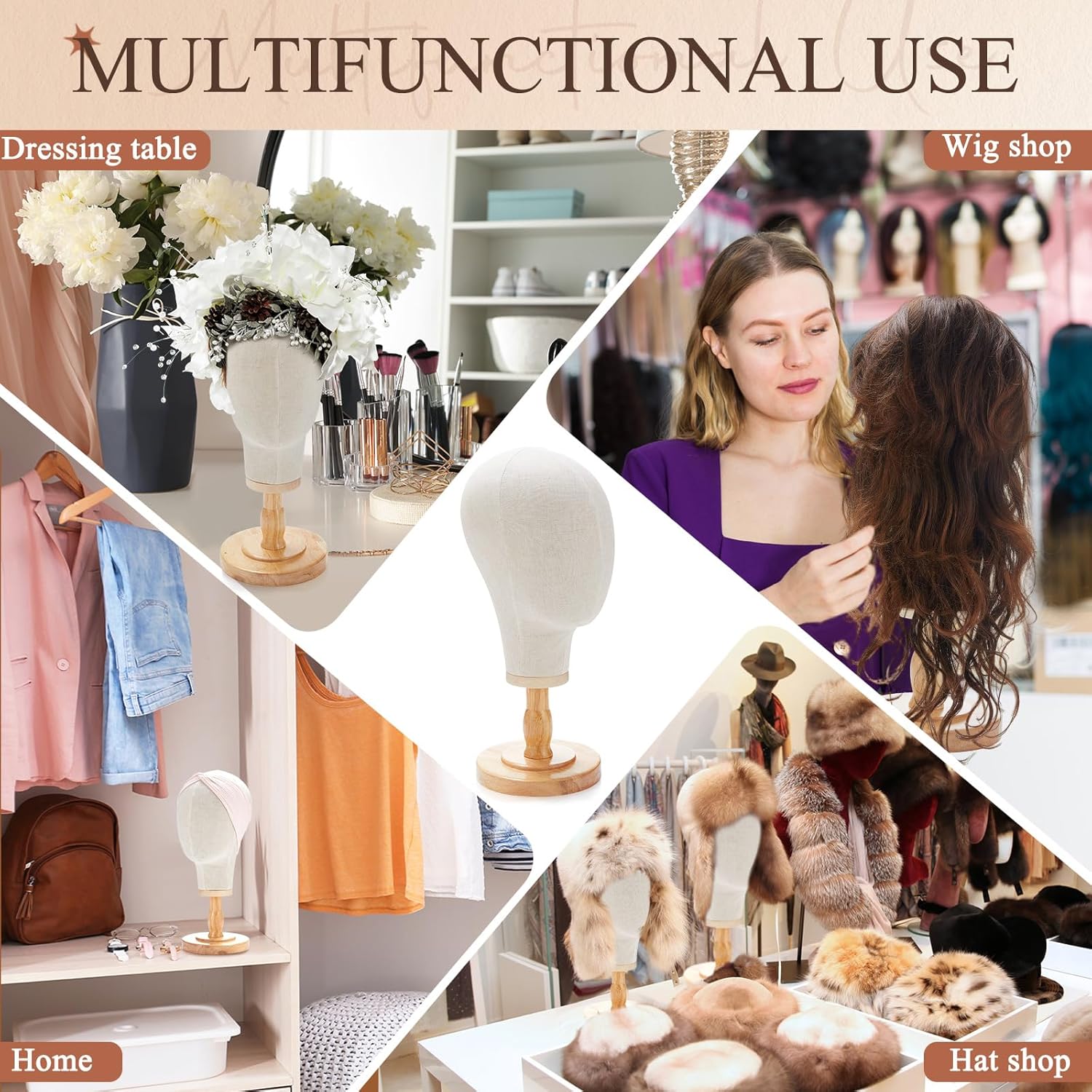 2 Pcs Wig Stand with Beige Mannequin Head