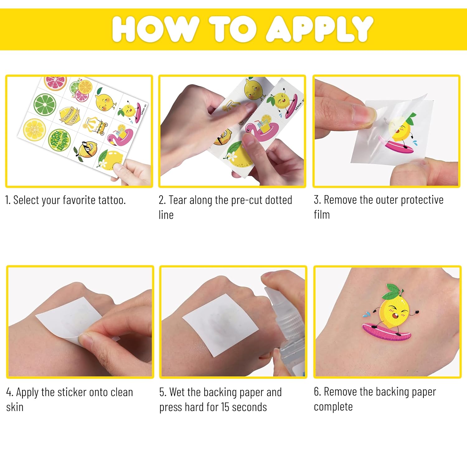 96 PCS Lemon Temporary Tattoos for Kids