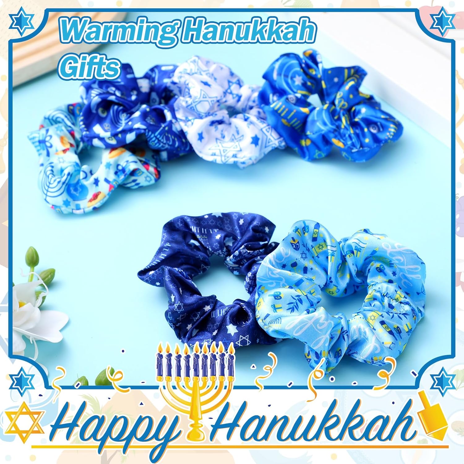 24 Pcs Hanukkah Hair Scrunchies with Star of David Design