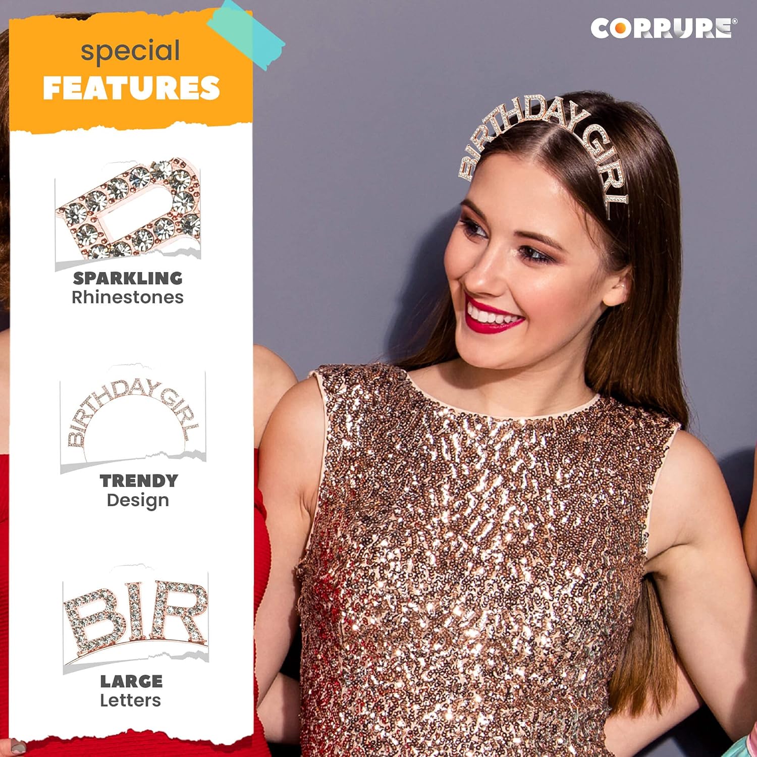 CORRURE Rose Gold Rhinestone Headband Tiara for Birthday Celebrations