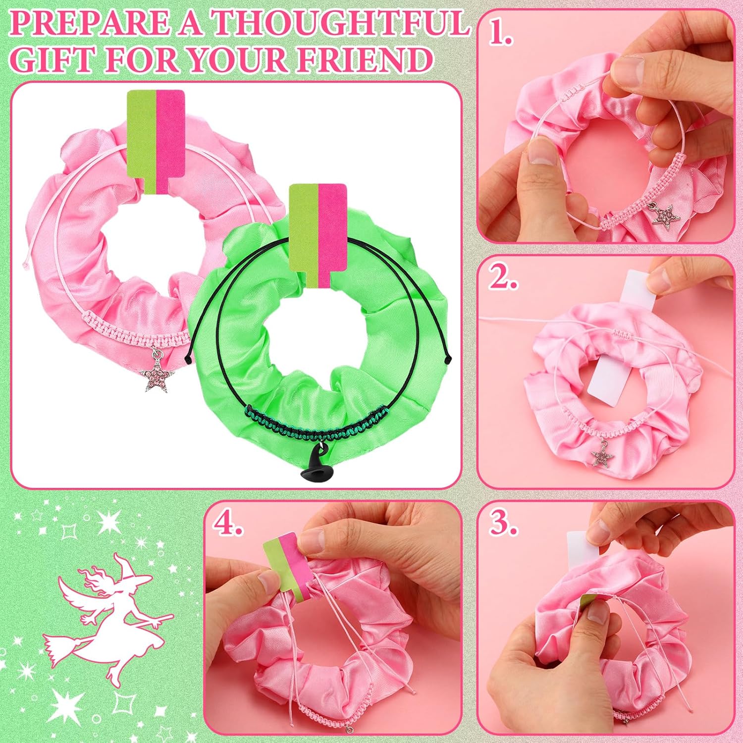 Witch Party Gift Set 10 pcs Pink Green Hair Scrunchies and Star Bracelets