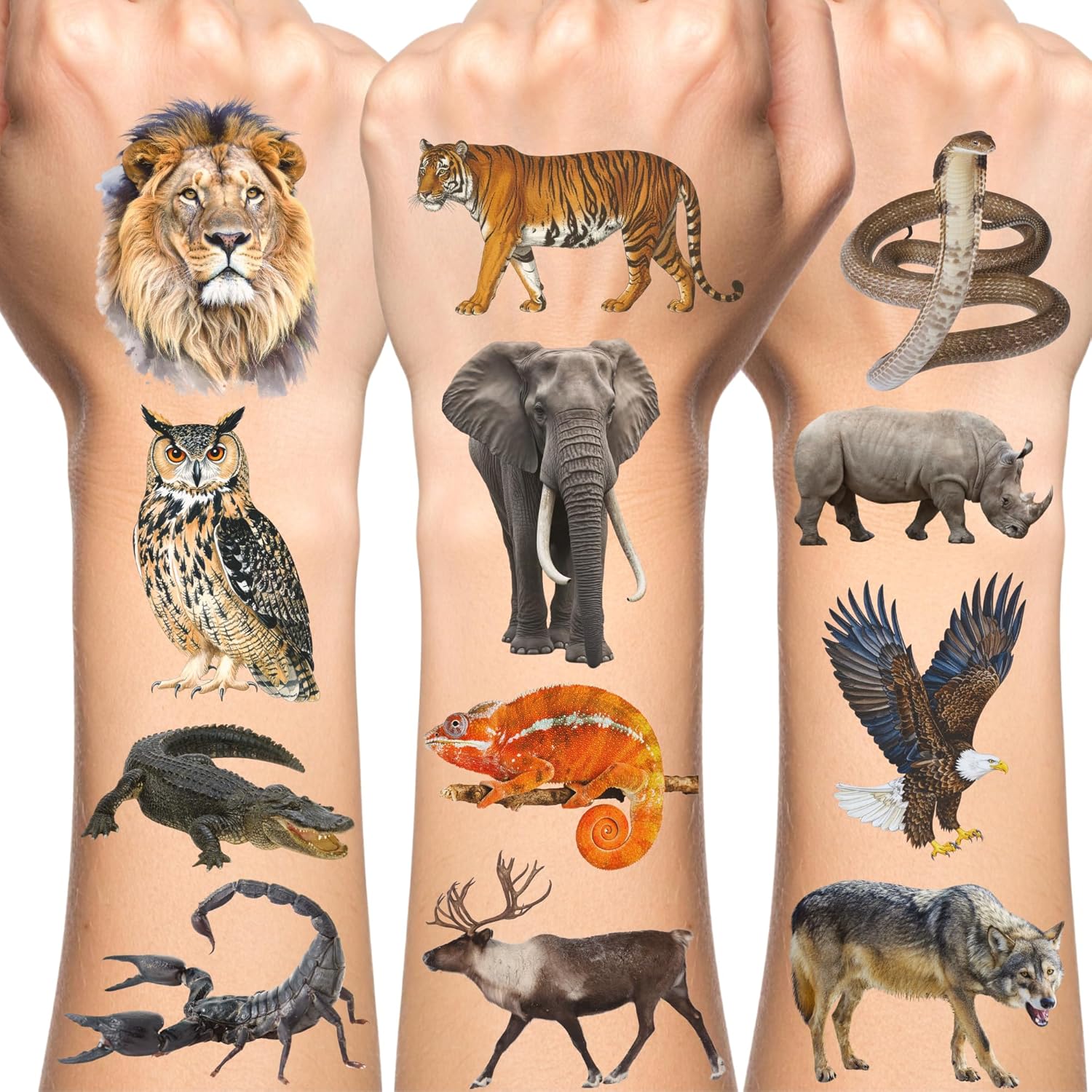 Realistic Jungle Animal Temporary Tattoos 60Pcs 4 Sheets