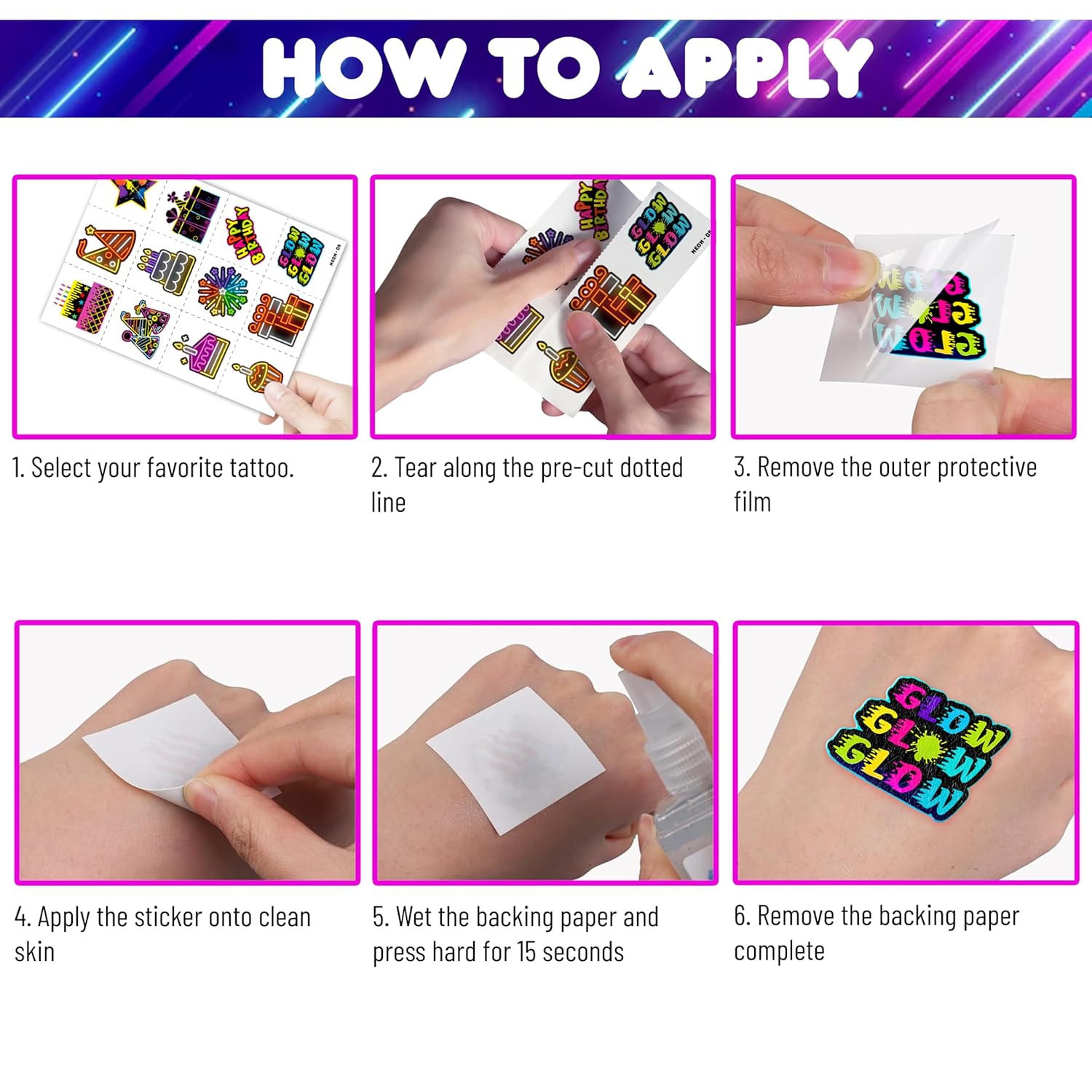Neon Temporary Tattoos Party Decor 96 PCS 8 Sheets