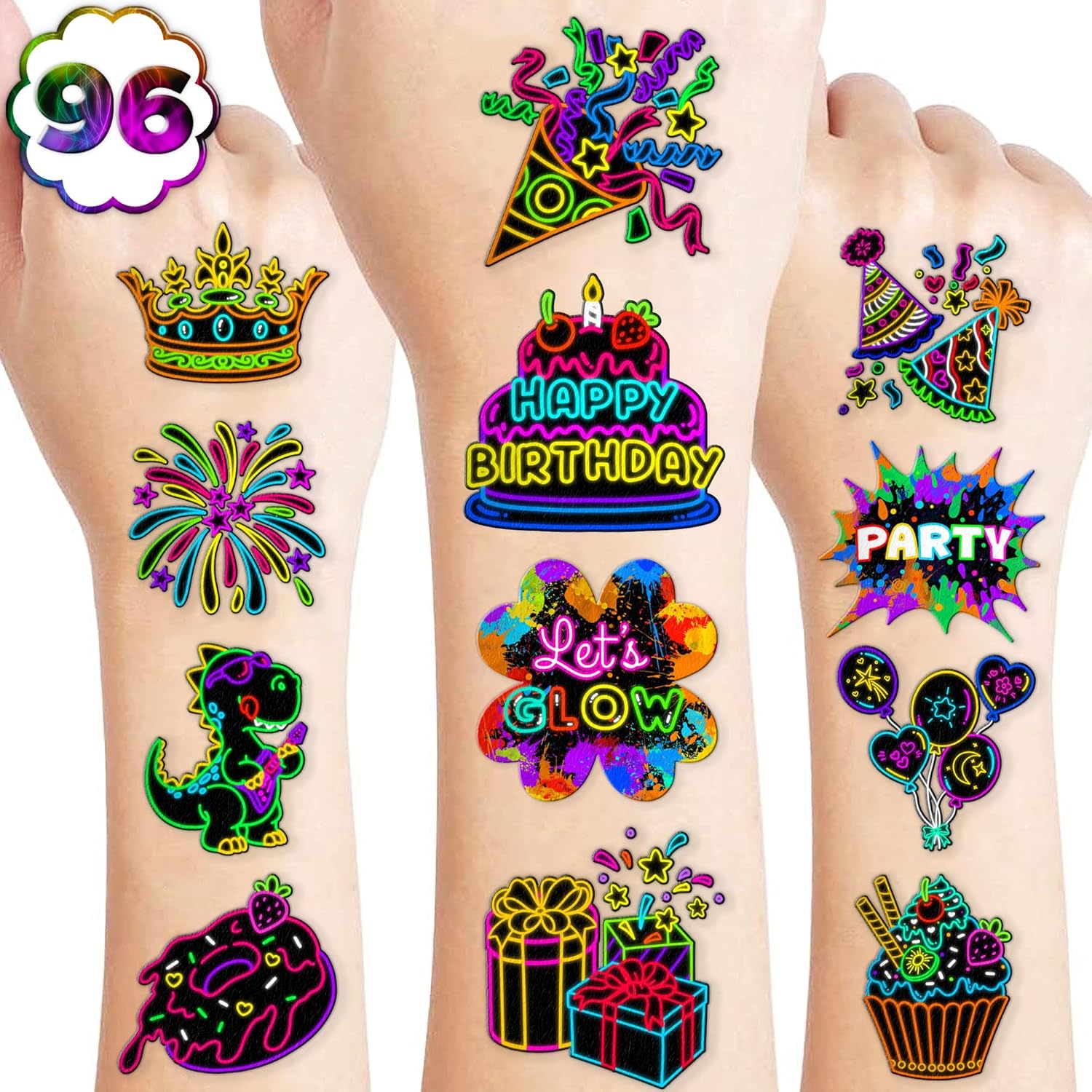 96 PCS Neon Glow In The Dark Temporary Tattoos for Kids