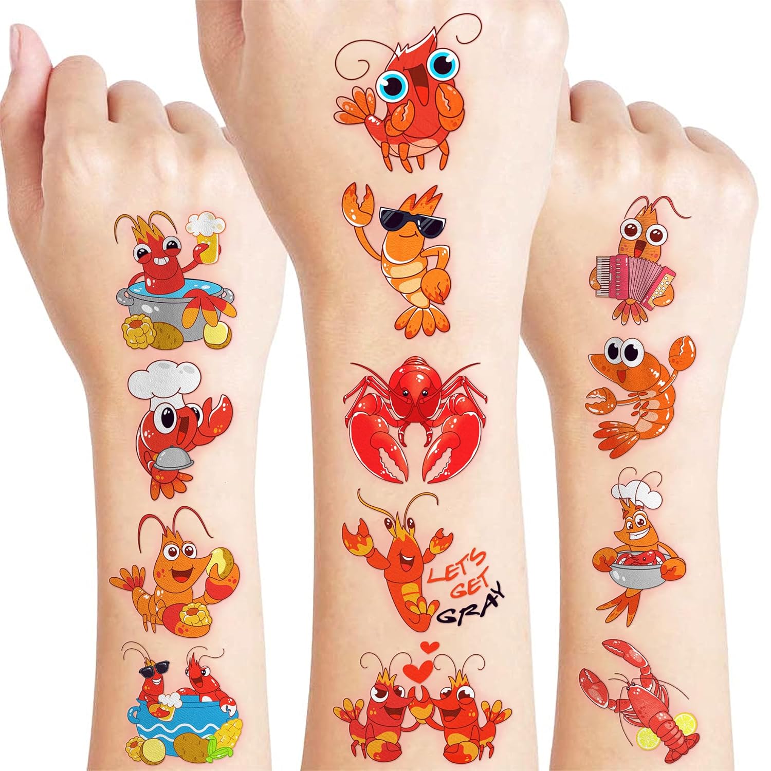 96 PCS Crawfish Themed Temporary Tattoos for Kids