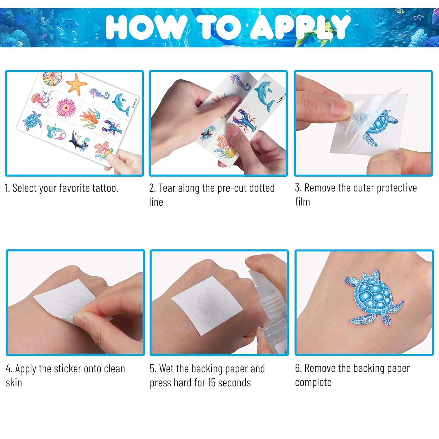 96 PCS Ocean Sea Animal Temporary Tattoos for Kids