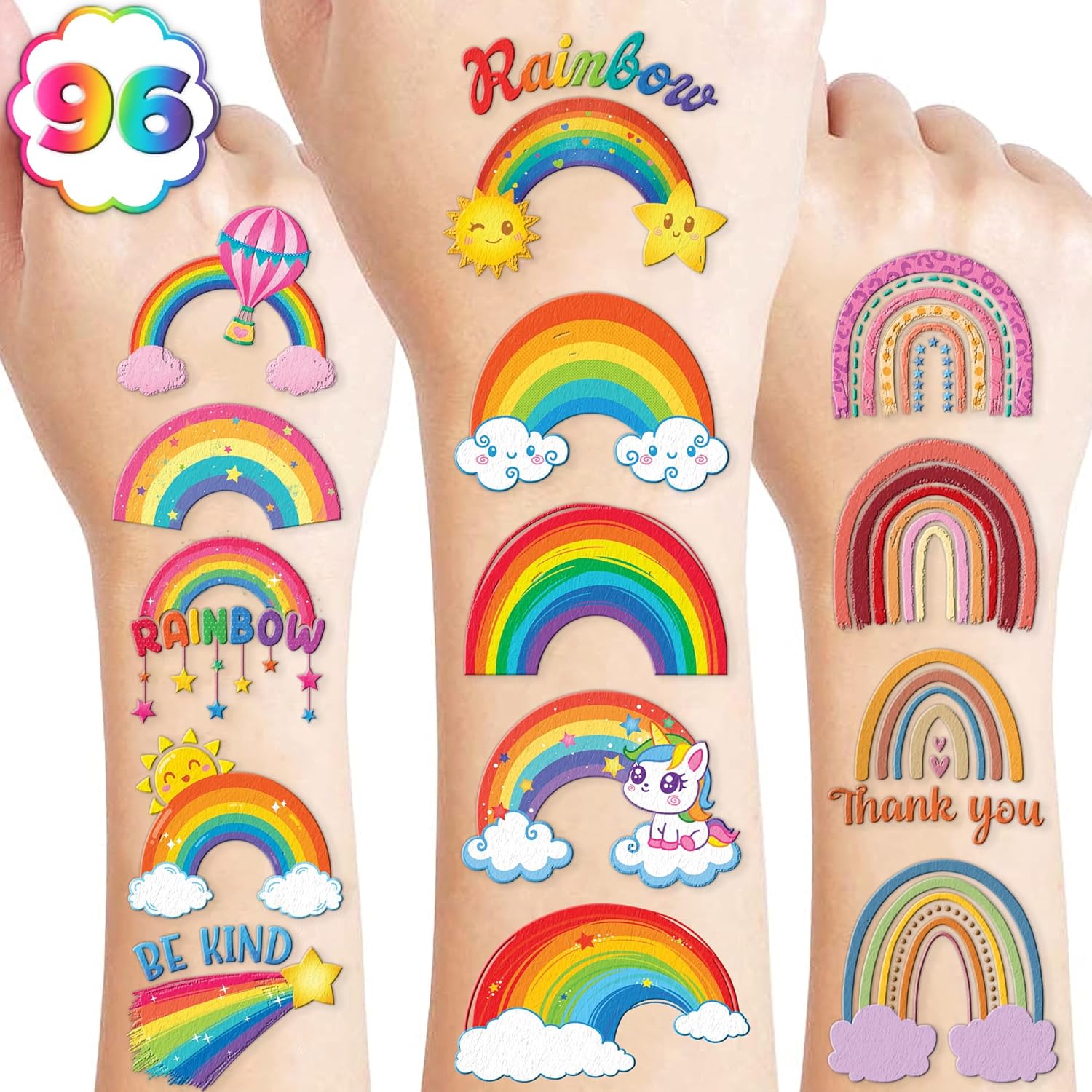 96 PCS Rainbow Pastel Temporary Tattoos for Kids