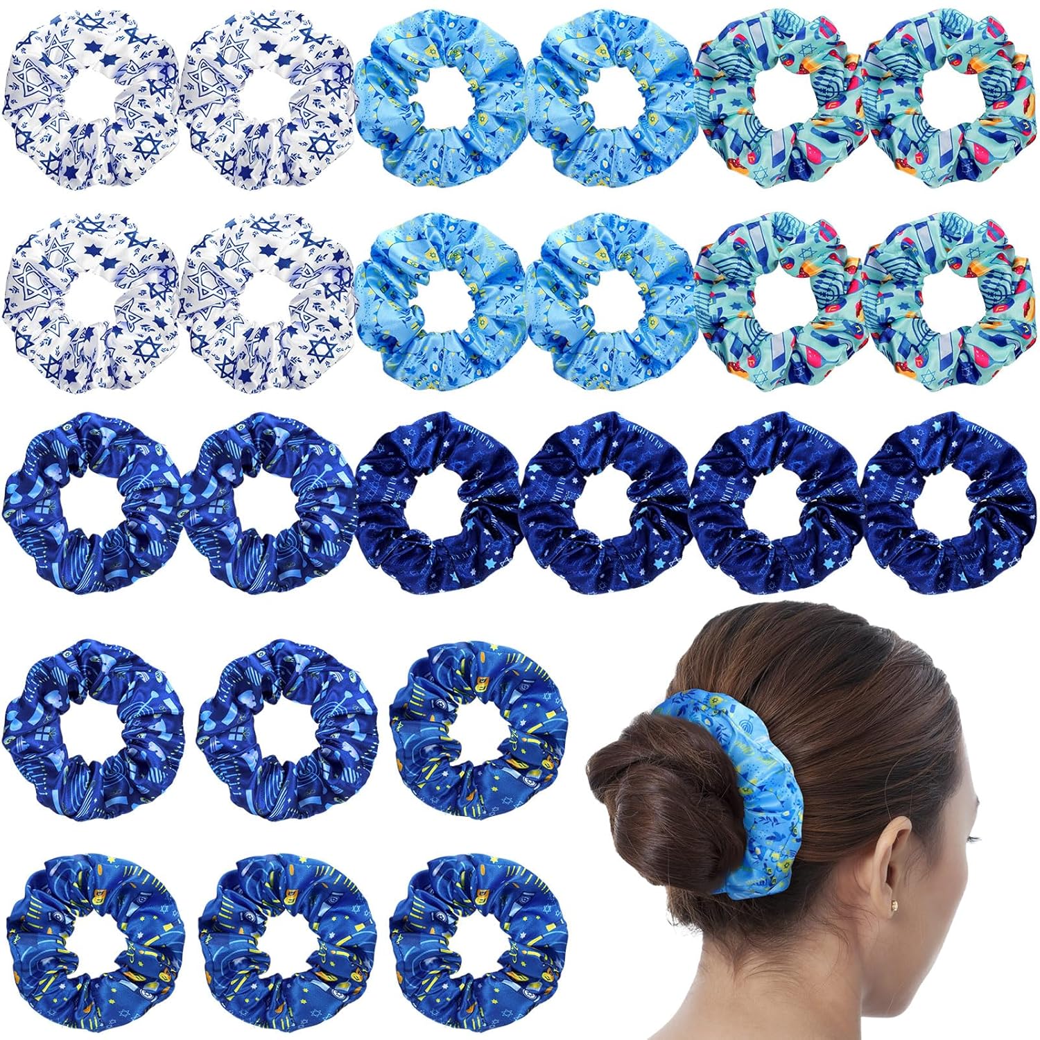 24 Pcs Hanukkah Hair Scrunchies with Star of David Design