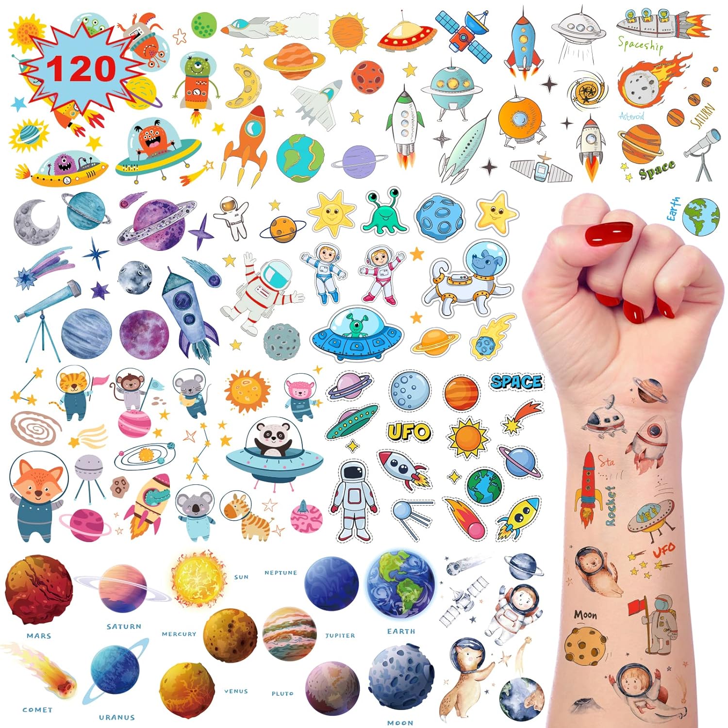 120 Space Temporary Tattoos for Kids Party