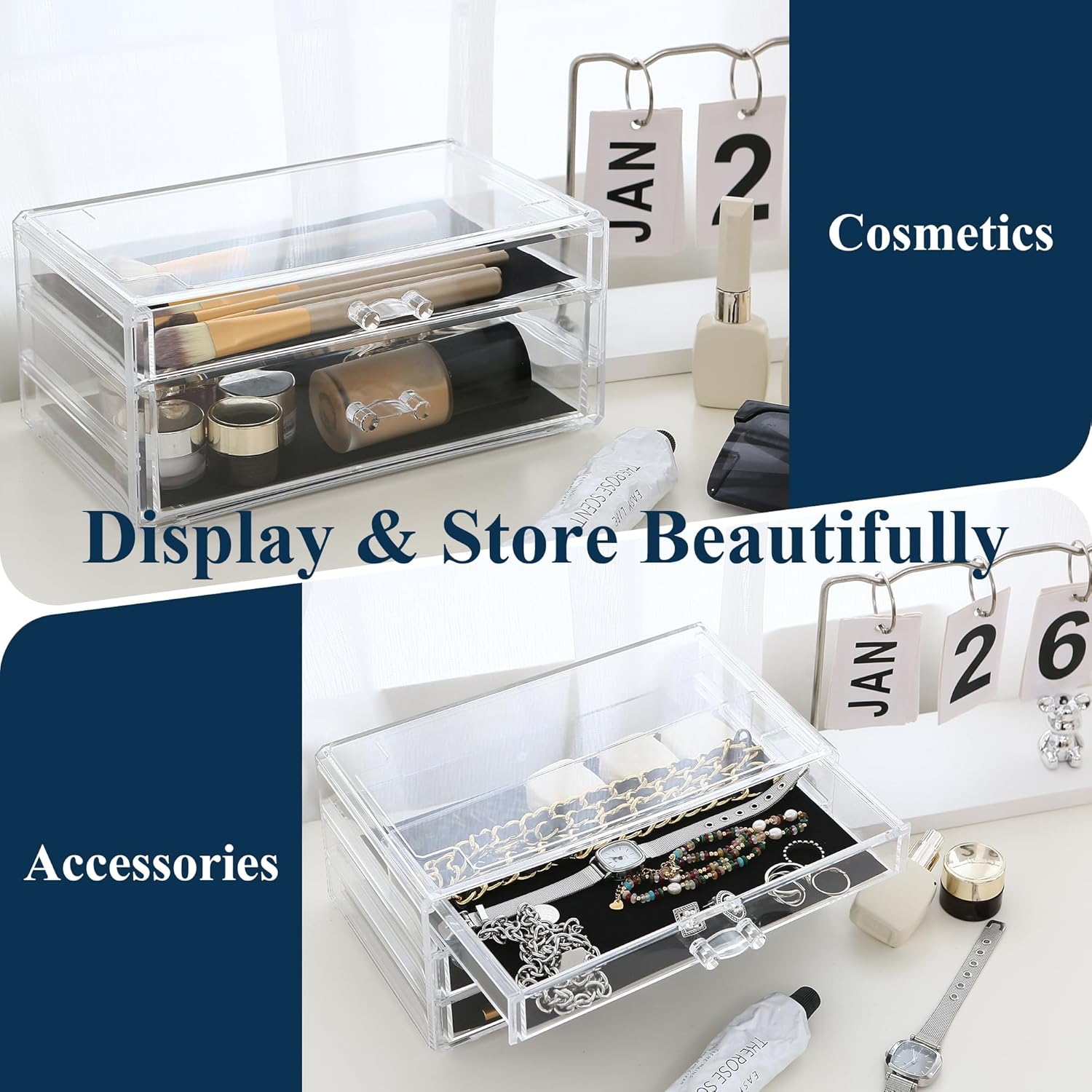 Sea Team 3-Tier Clear Makeup Organizer with 8 Drawers