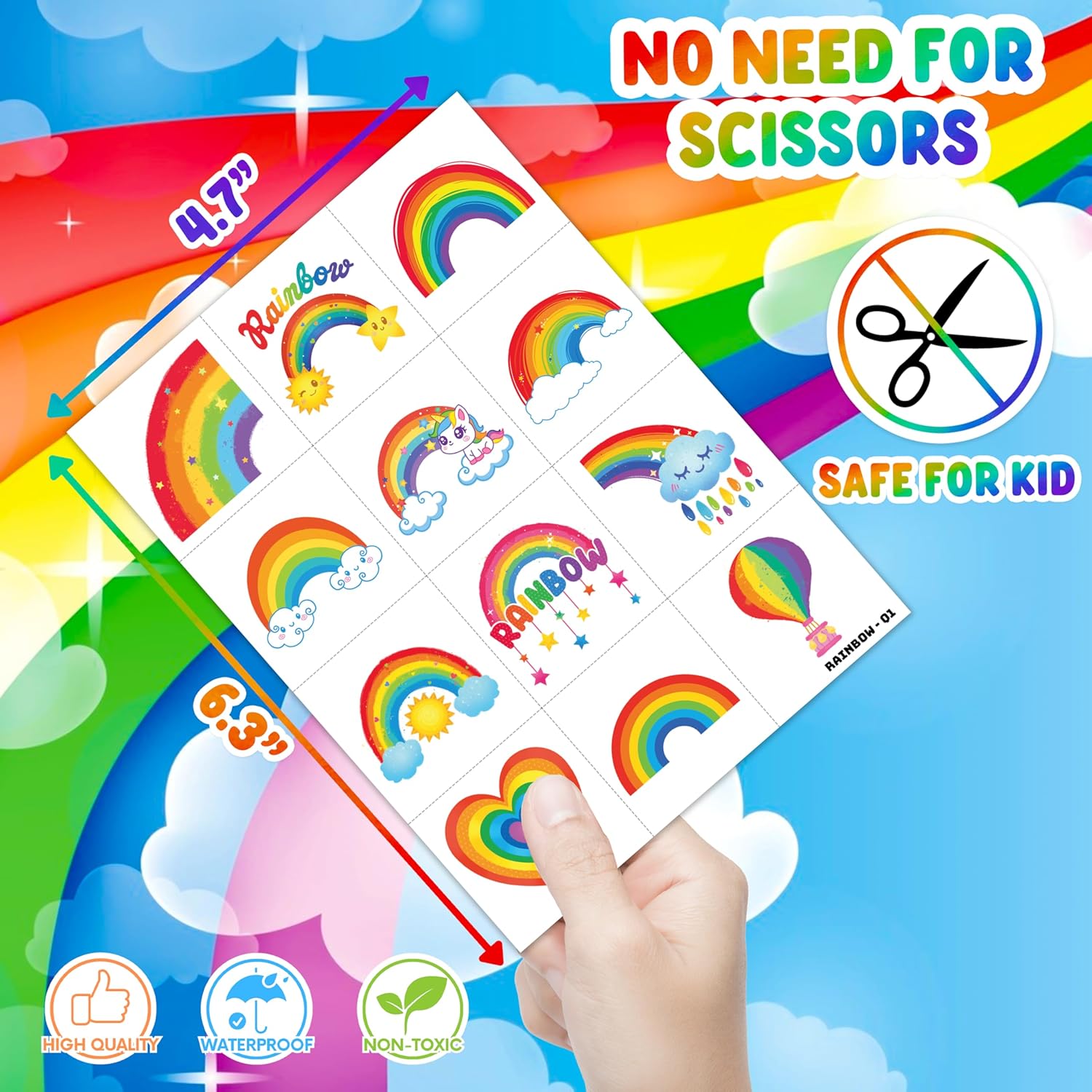96 PCS Rainbow Pastel Temporary Tattoos for Kids