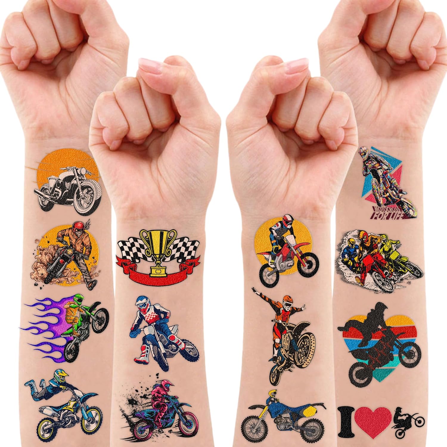 Dirt Bike Temporary Tattoos 96 PCS 8 Sheets Cartoon Themed Party Supplies