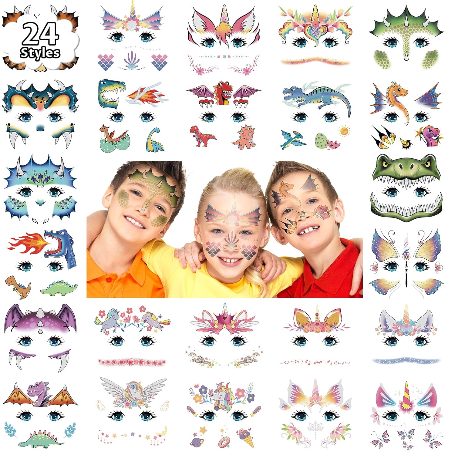 Partywind 24 Styles Face Temporary Tattoos for Kids