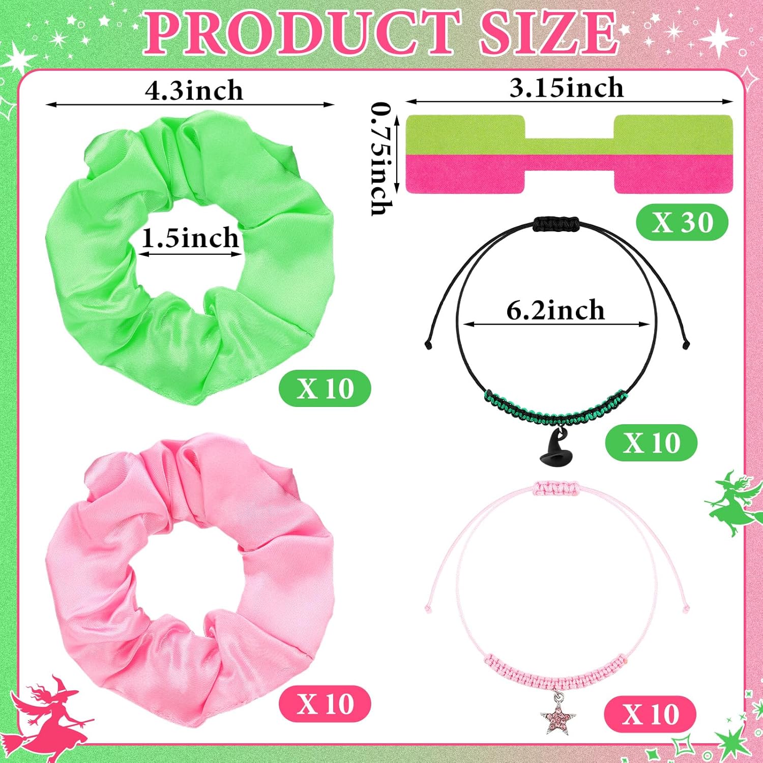 Witch Party Gift Set 10 pcs Pink Green Hair Scrunchies and Star Bracelets