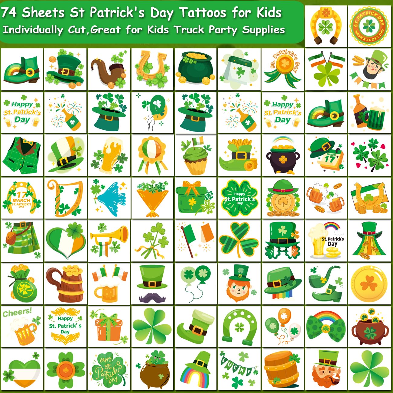 CHARLENT St Patricks Day Temporary Tattoos for Kids Party Supplies
