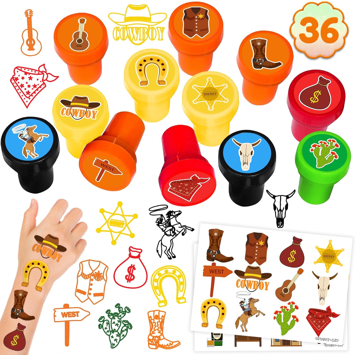36PCS Cowboy Party Favors with Temp Tattoos and Stamps