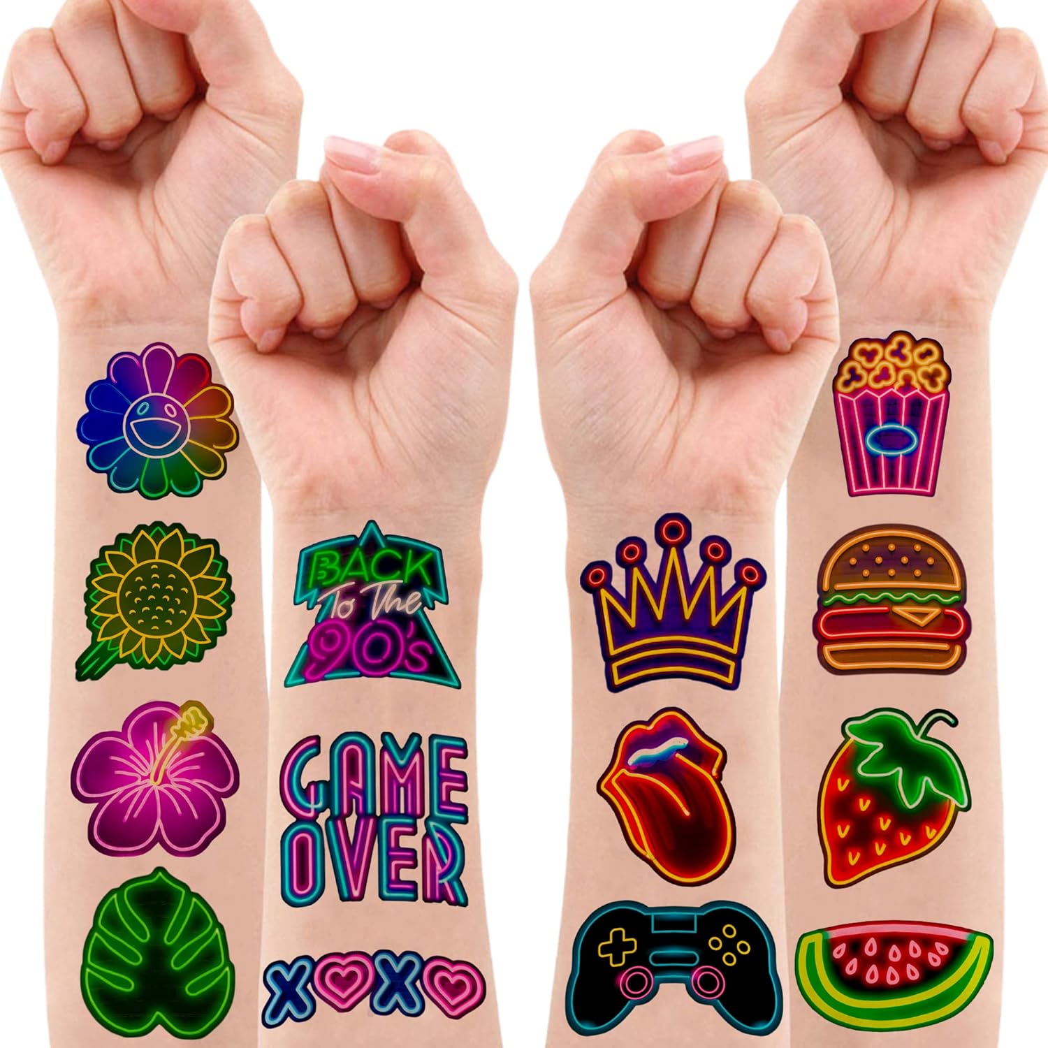 Neon Temporary Tattoos Party Decor 96 PCS 8 Sheets
