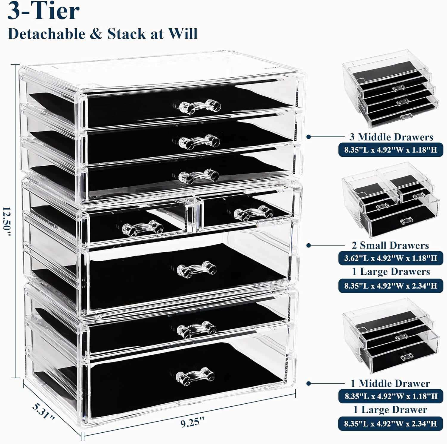 Sea Team 3-Tier Clear Makeup Organizer with 8 Drawers