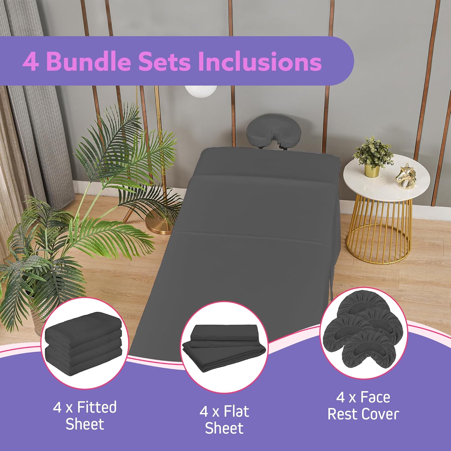 XOLLOZ Massage Table Sheets Set 4-Piece Gray Bundle