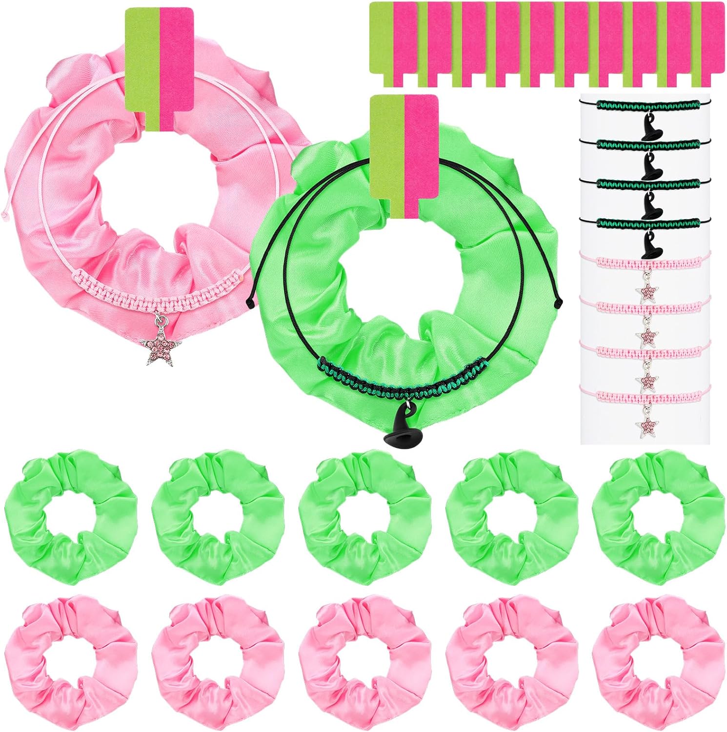 Witch Party Gift Set 10 pcs Pink Green Hair Scrunchies and Star Bracelets