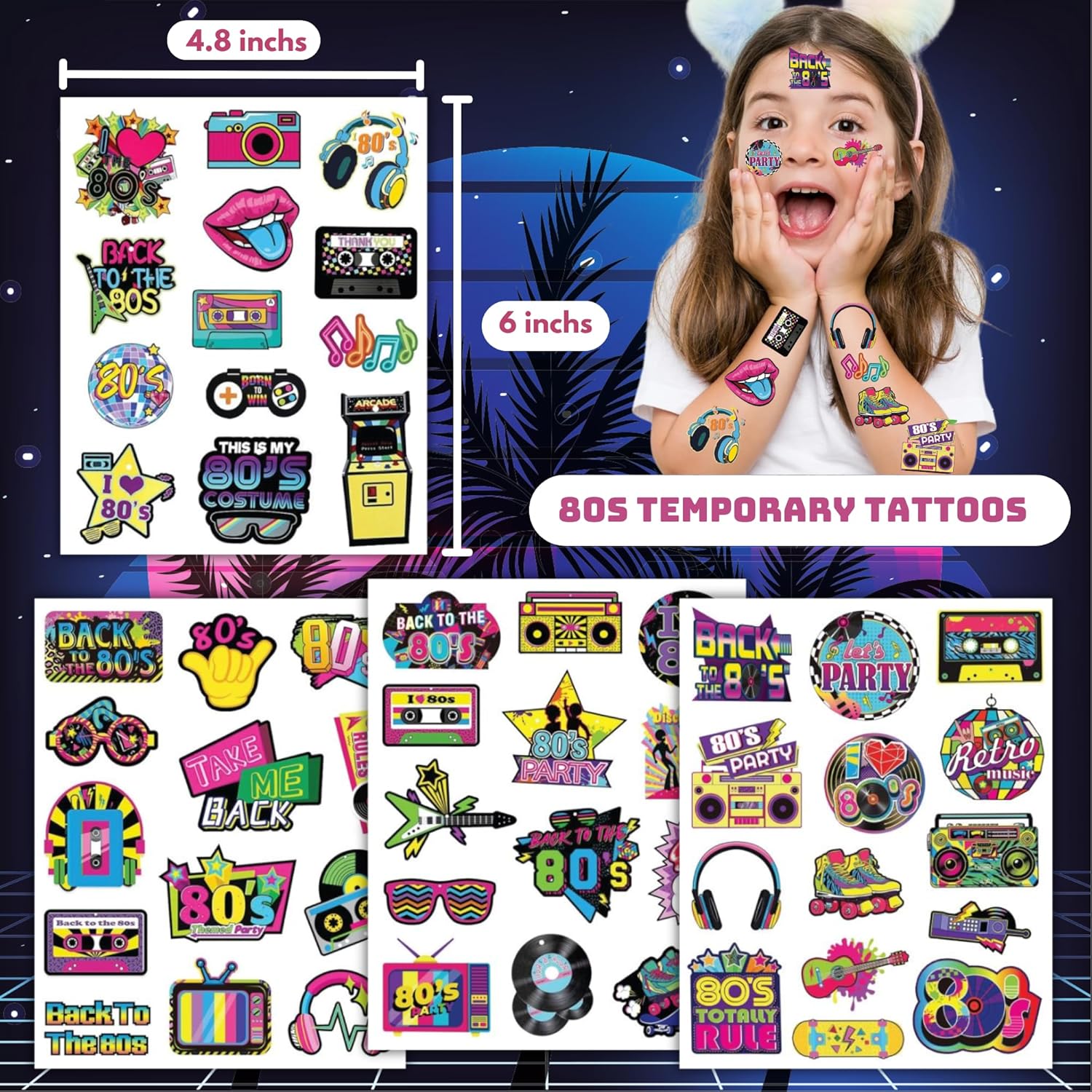 53 PCS 80s Temporary Tattoos Retro Party Decorations