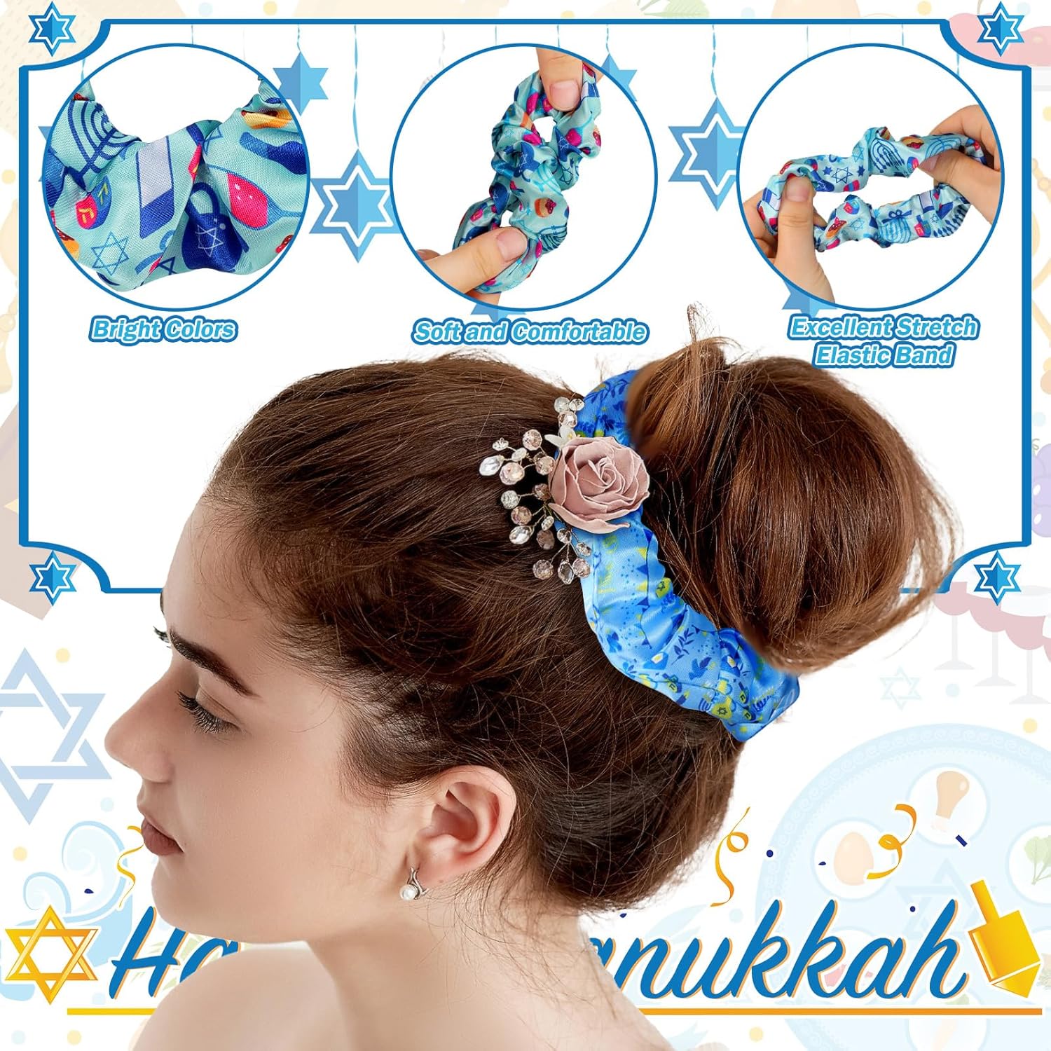 24 Pcs Hanukkah Hair Scrunchies with Star of David Design