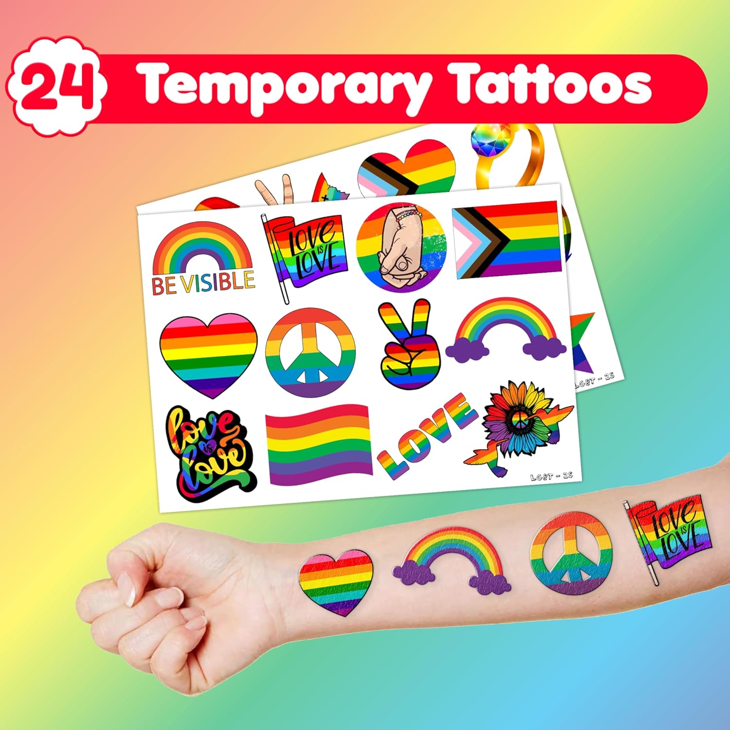 48PCS Pride Party Set 24PCS Rainbow Temporary Tattoos 24PCS Slap Bracelets