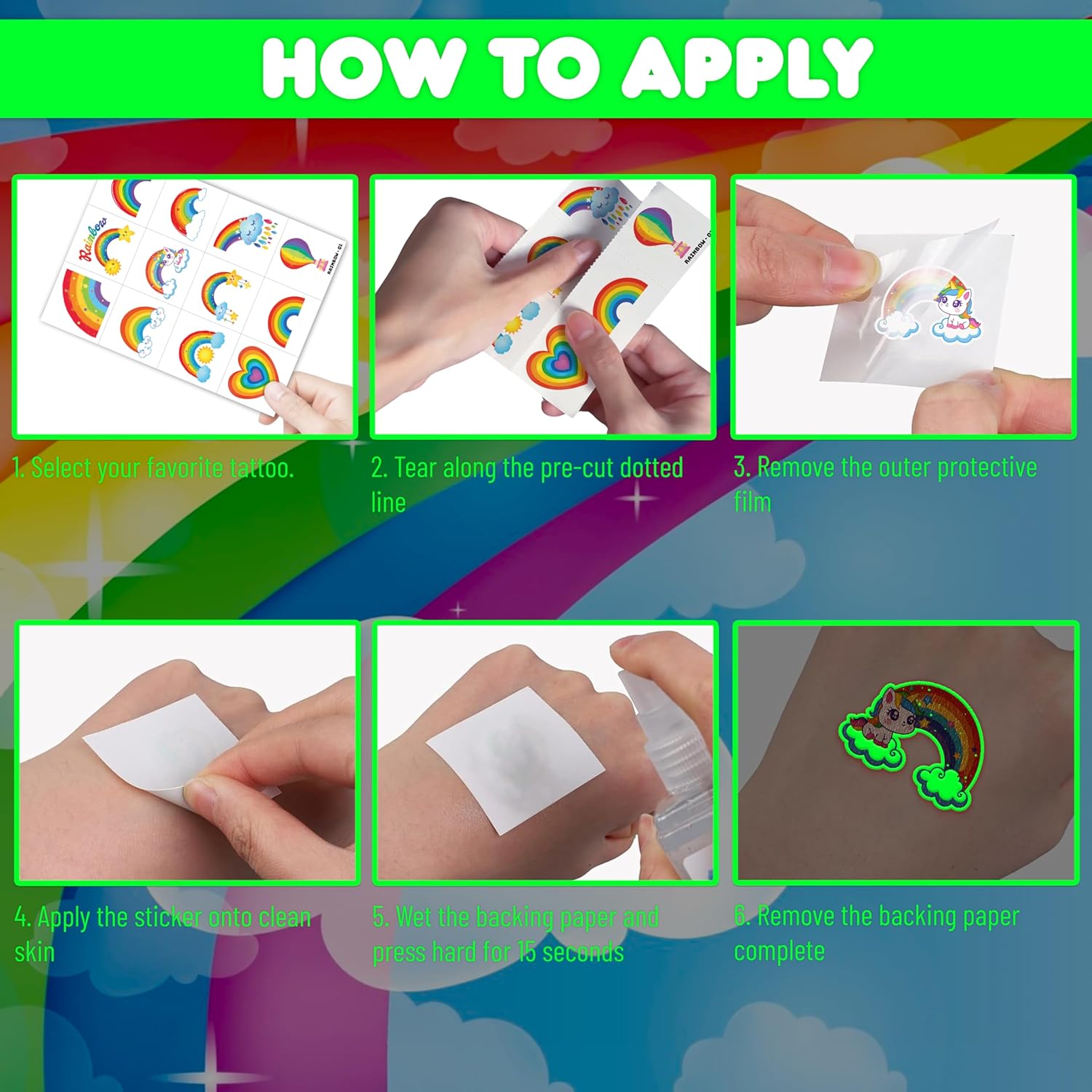 96 PCS Rainbow Pastel Temporary Tattoos for Kids 1