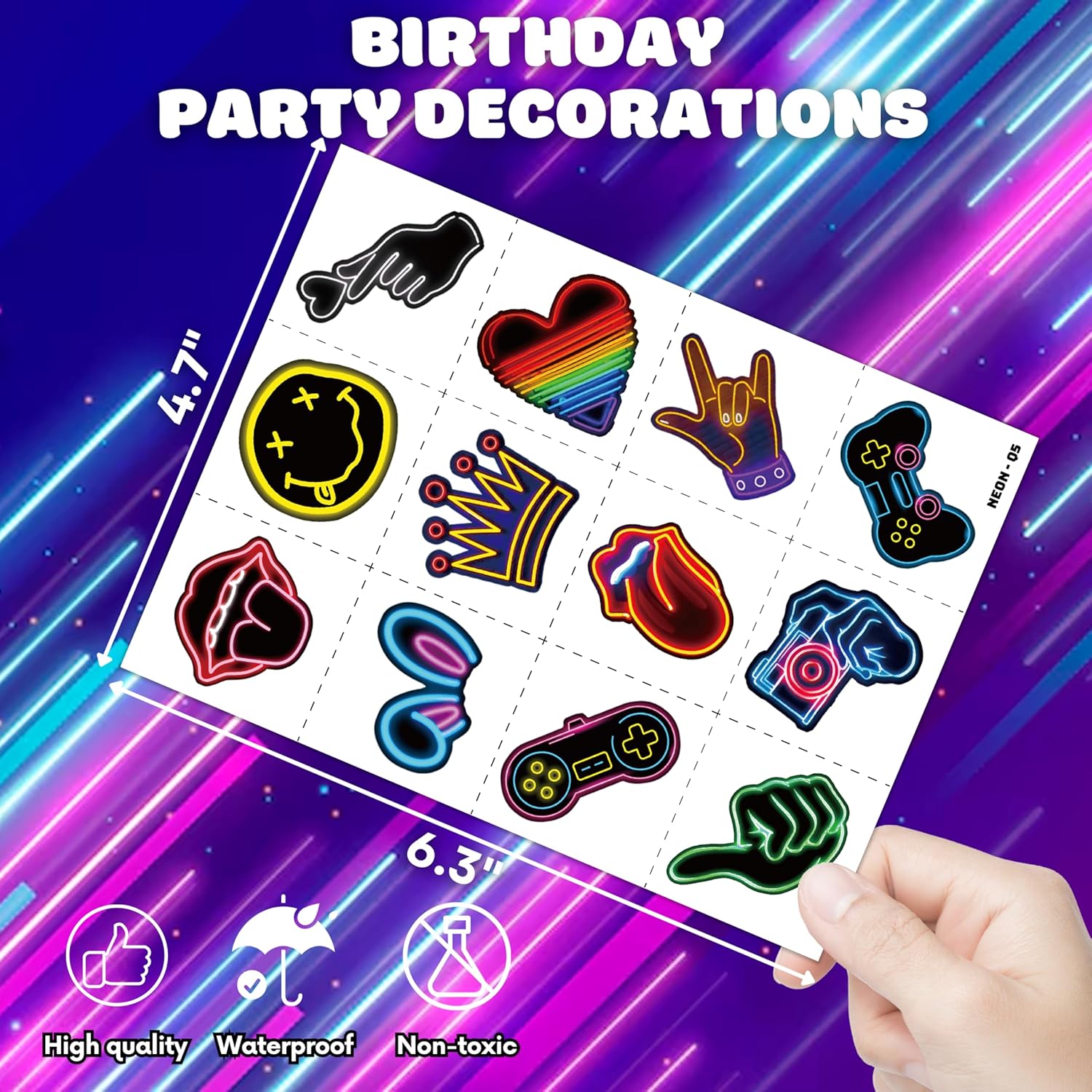 Neon Temporary Tattoos Party Decor 96 PCS 8 Sheets