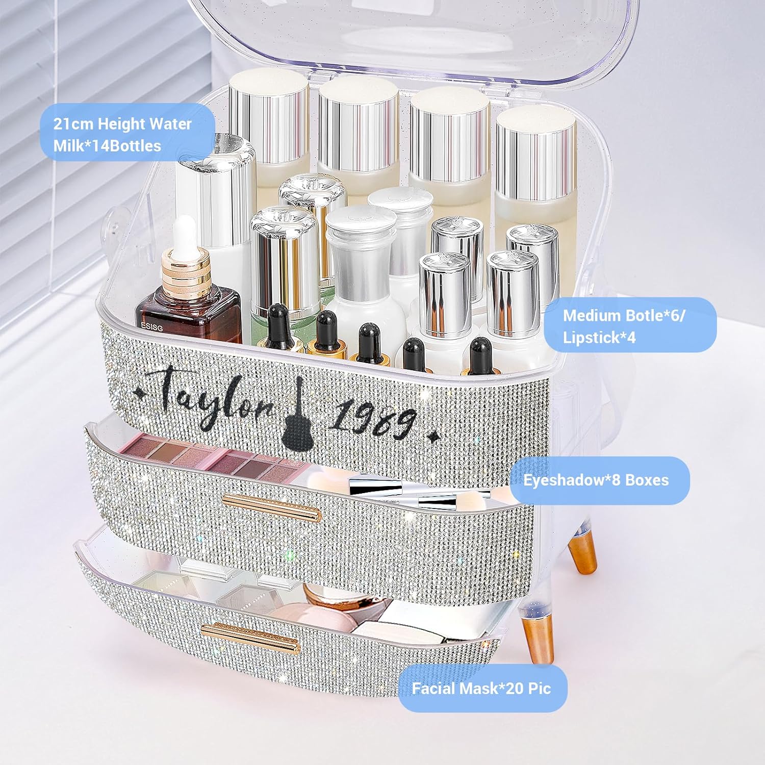 Teen Girls Makeup Organizer with Clear Compartment and Drawers