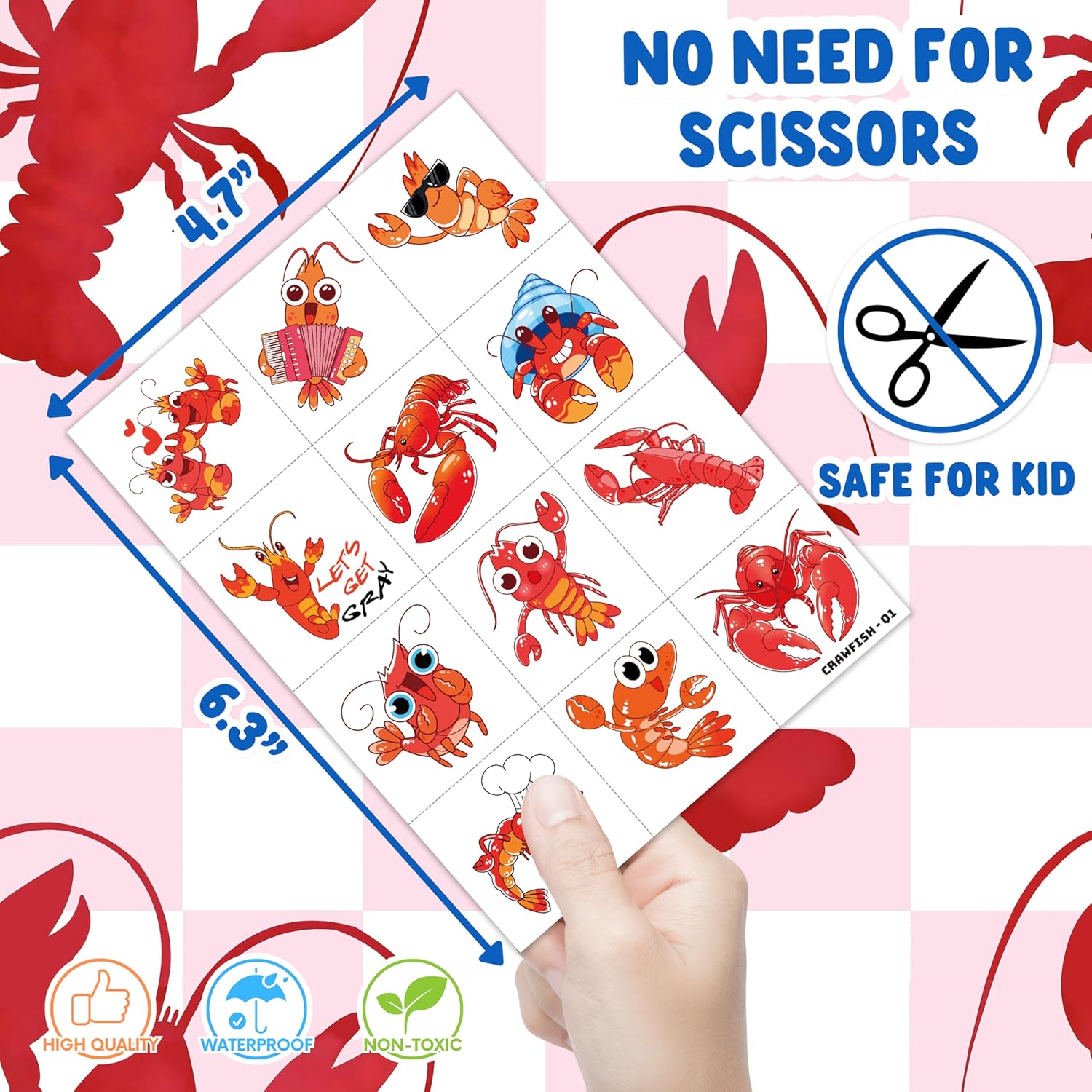 96 PCS Crawfish Themed Temporary Tattoos for Kids
