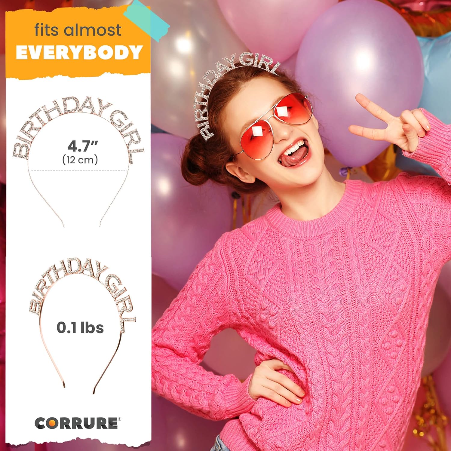 CORRURE Rose Gold Rhinestone Headband Tiara for Birthday Celebrations