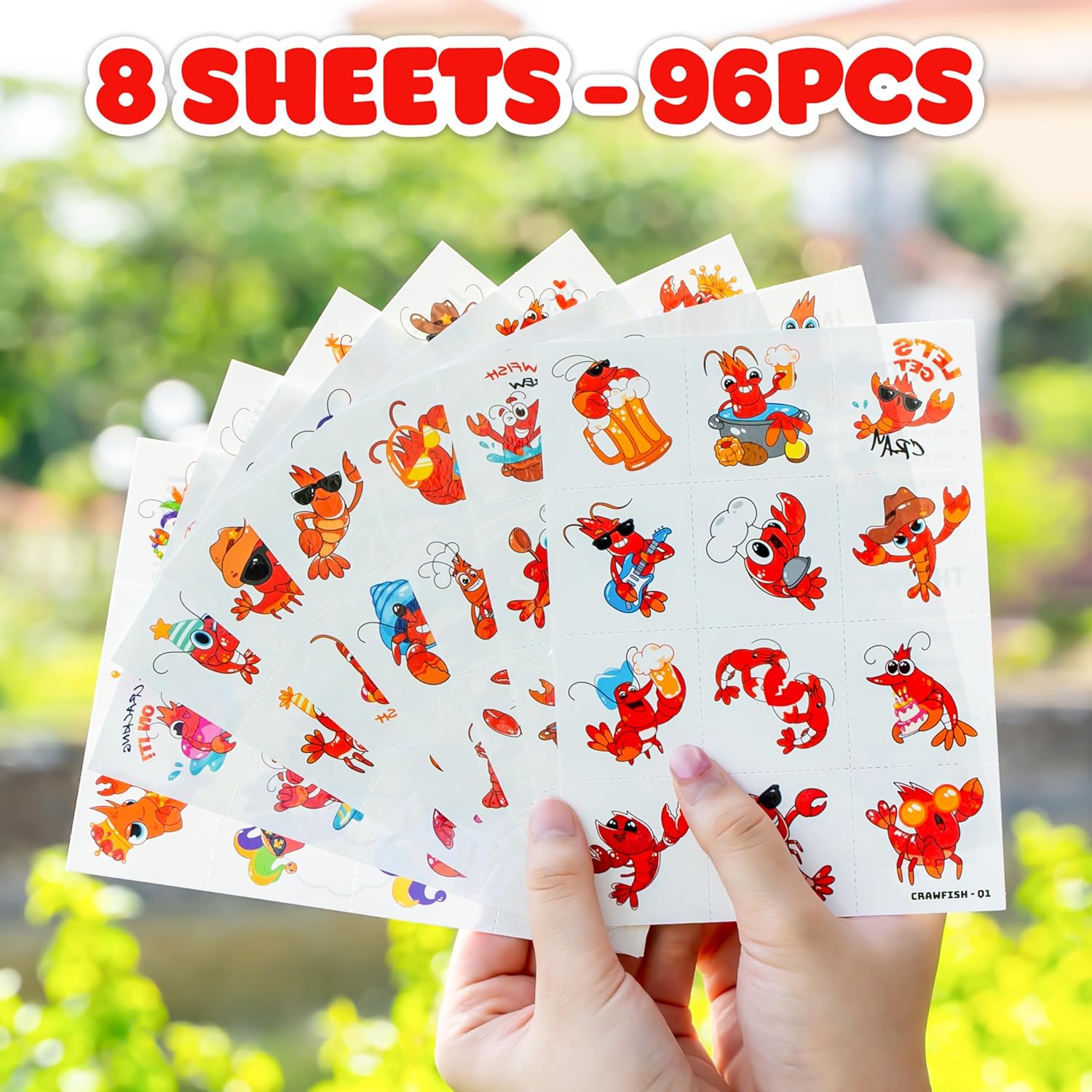 96 PCS Crawfish Themed Temporary Tattoos for Kids