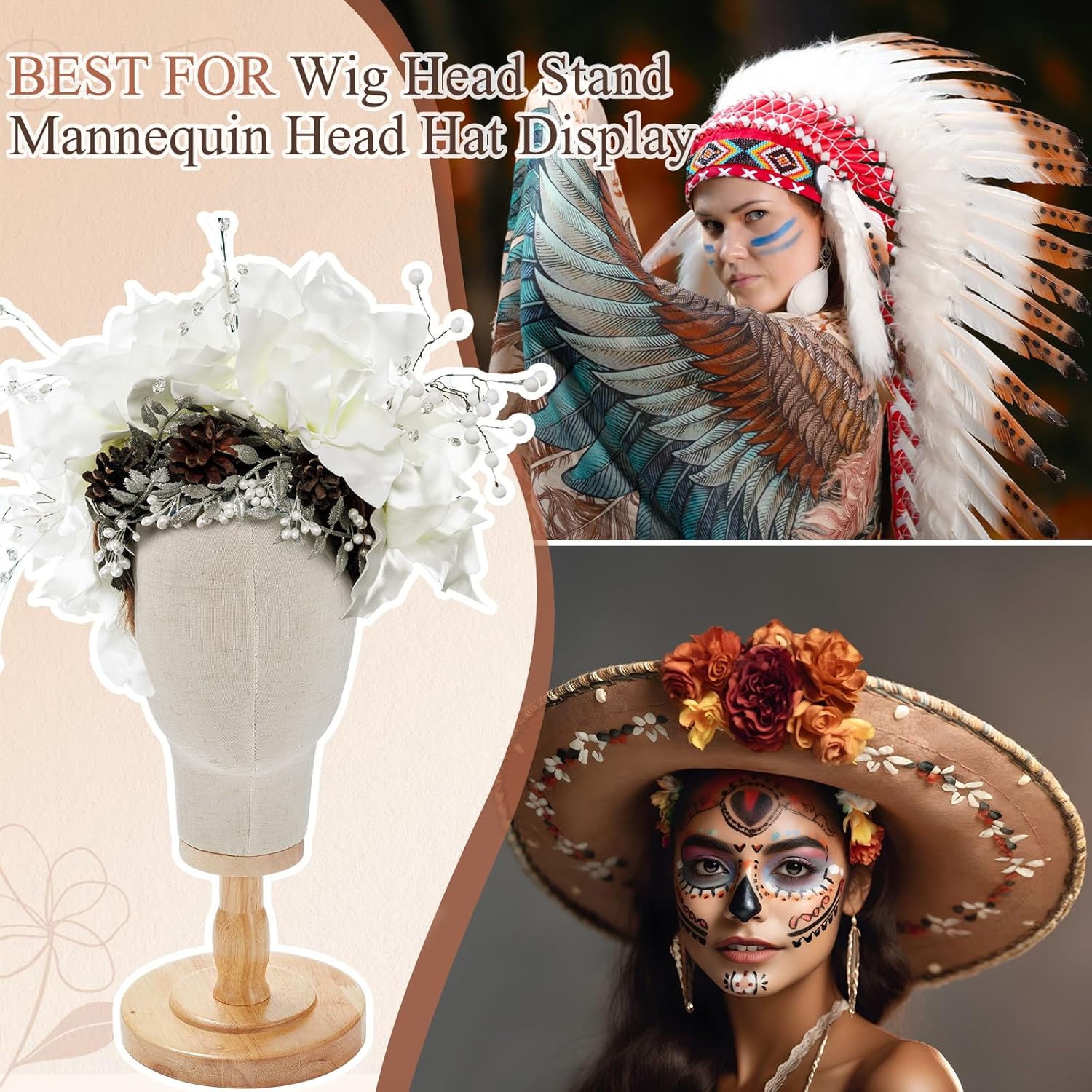 2 Pcs Wig Stand with Beige Mannequin Head