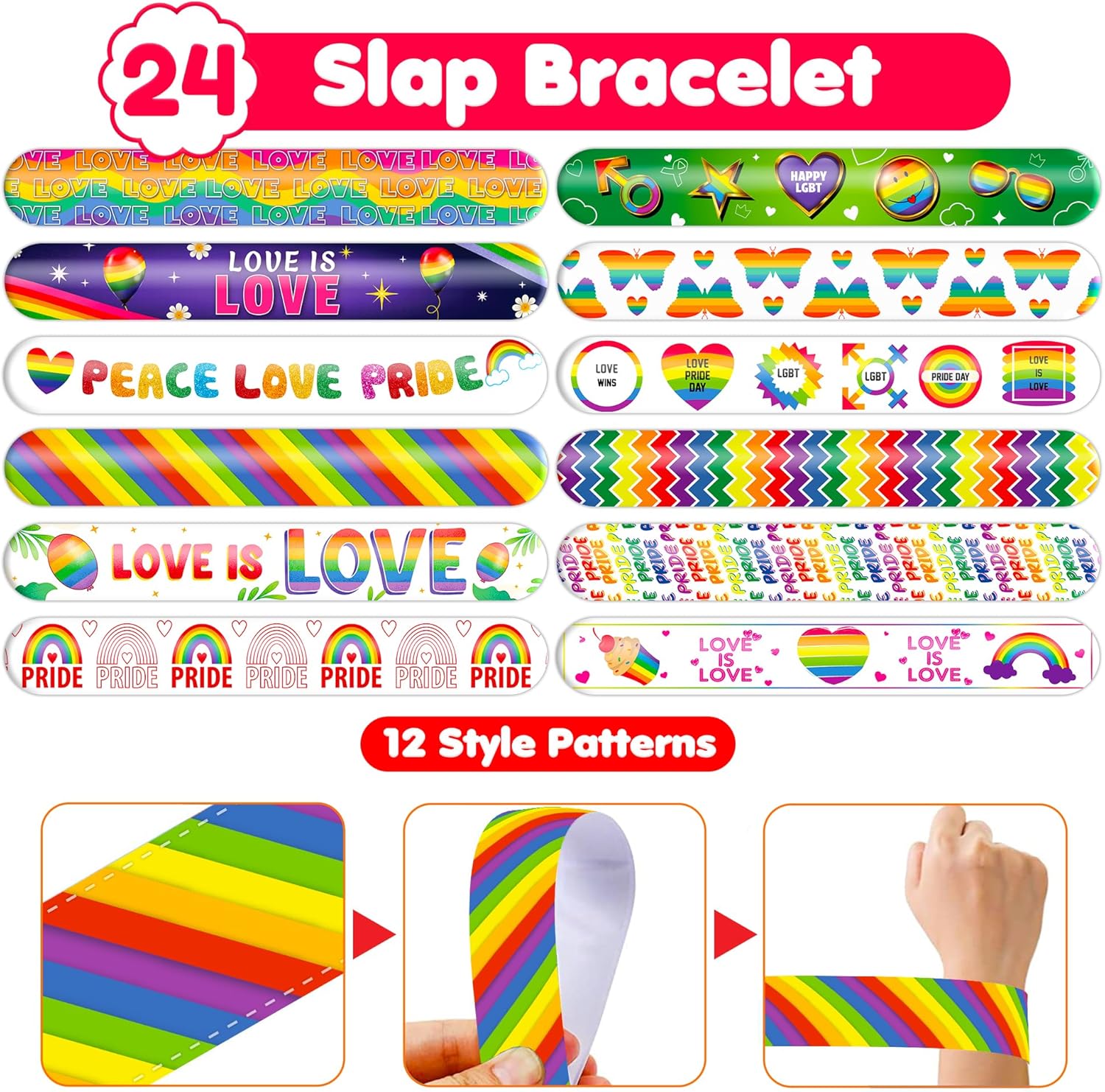 48PCS Pride Party Set 24PCS Rainbow Temporary Tattoos 24PCS Slap Bracelets