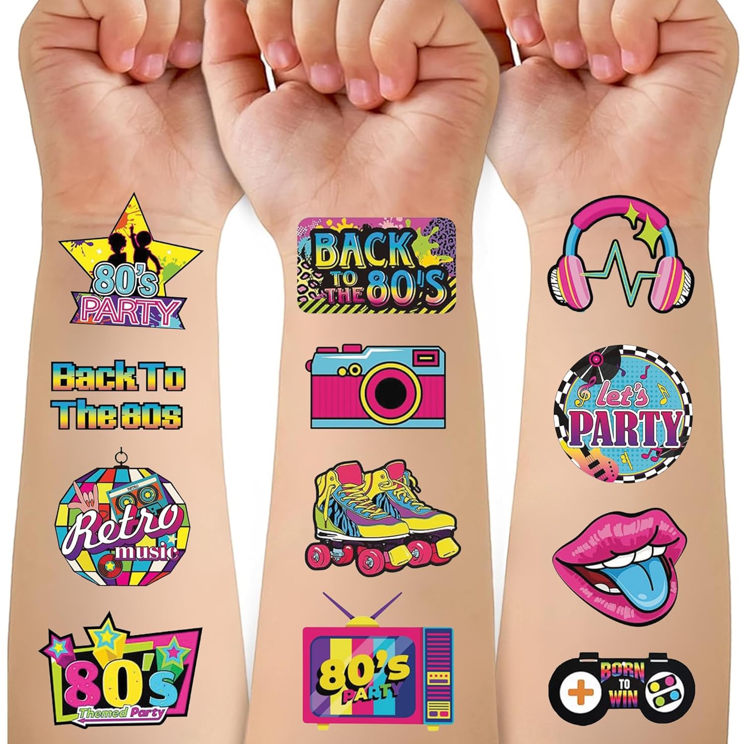 53 PCS 80s Temporary Tattoos Retro Party Decorations