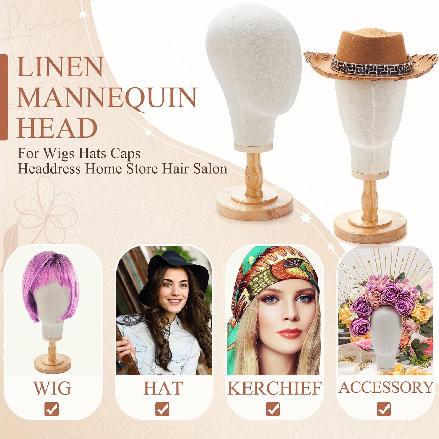 2 Pcs Wig Stand with Beige Mannequin Head