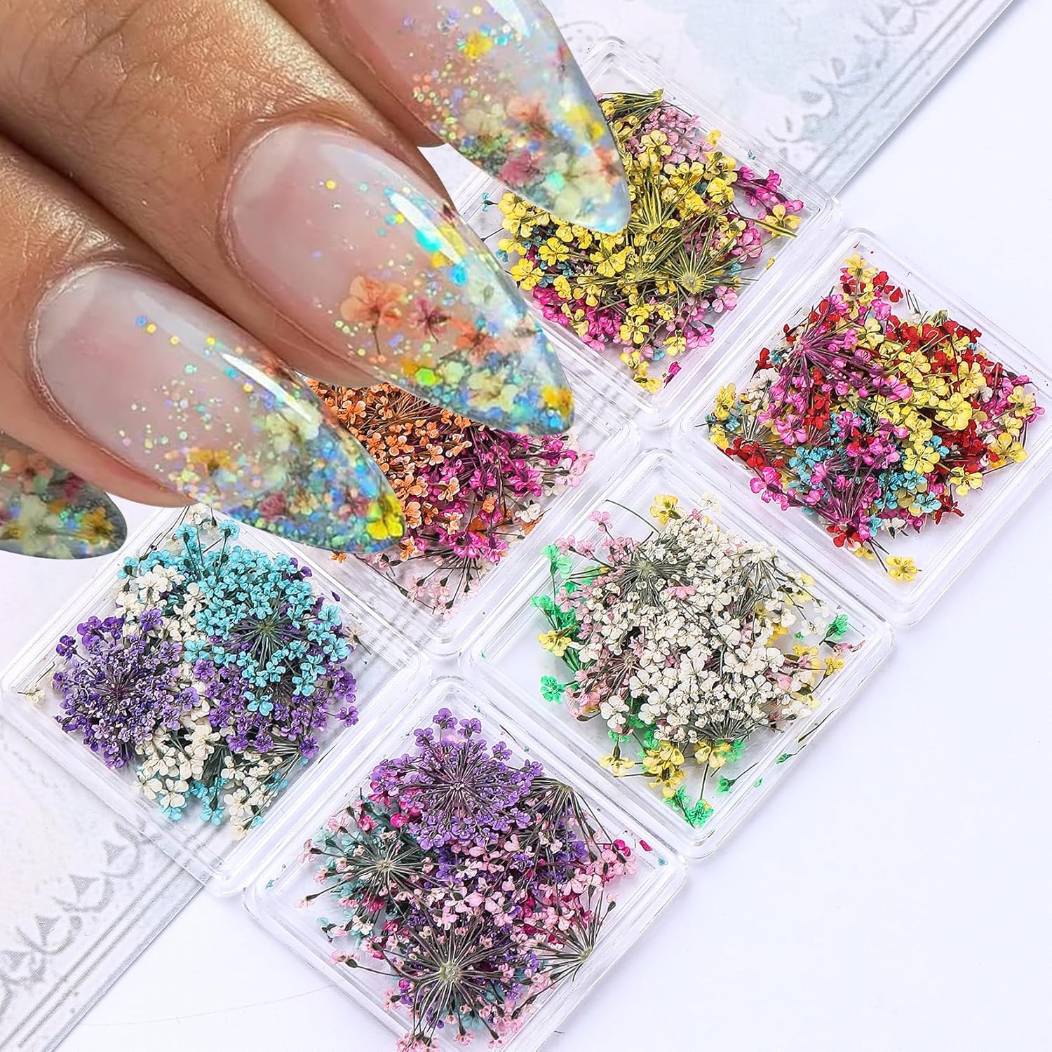 Dried Flowers Nail Art Stickers 6 Boxes with Tweezers