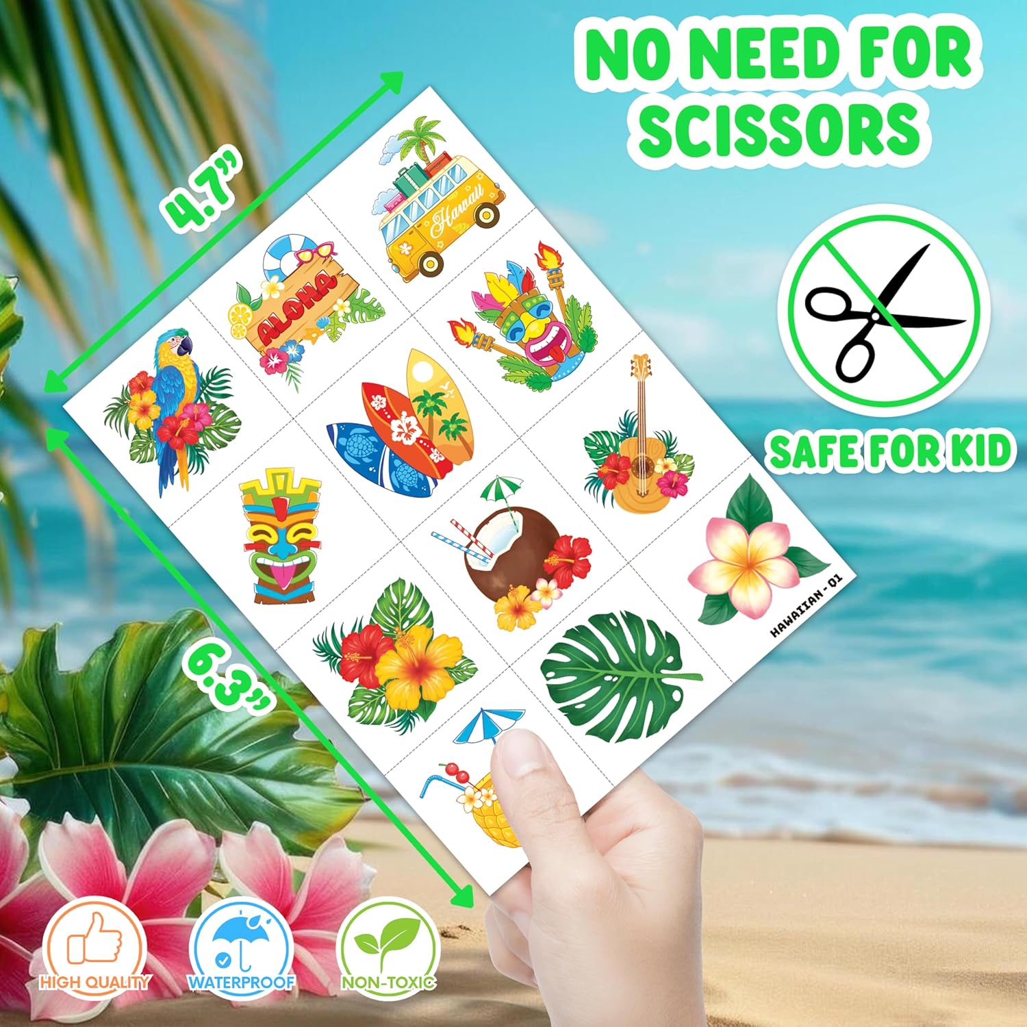 96 PCS Hawaiian Luau Temporary Tattoos for Kids