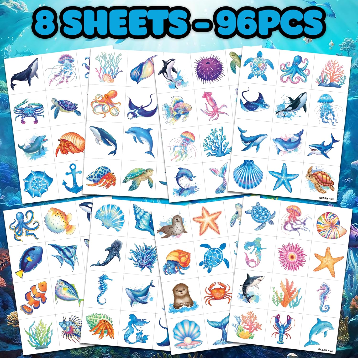 96 PCS Ocean Sea Animal Temporary Tattoos for Kids