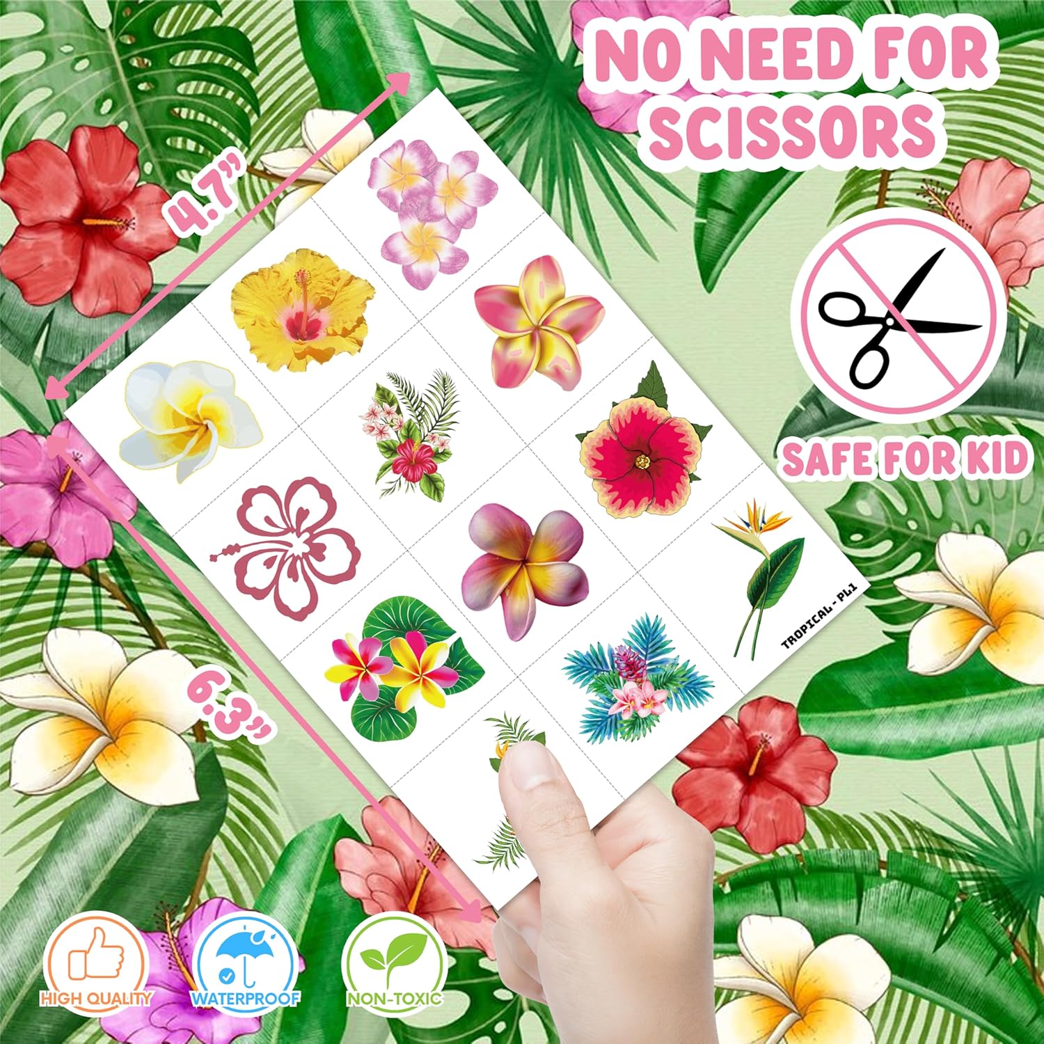 Tropical Flower Hawaiian Temporary Tattoos 96 PCS