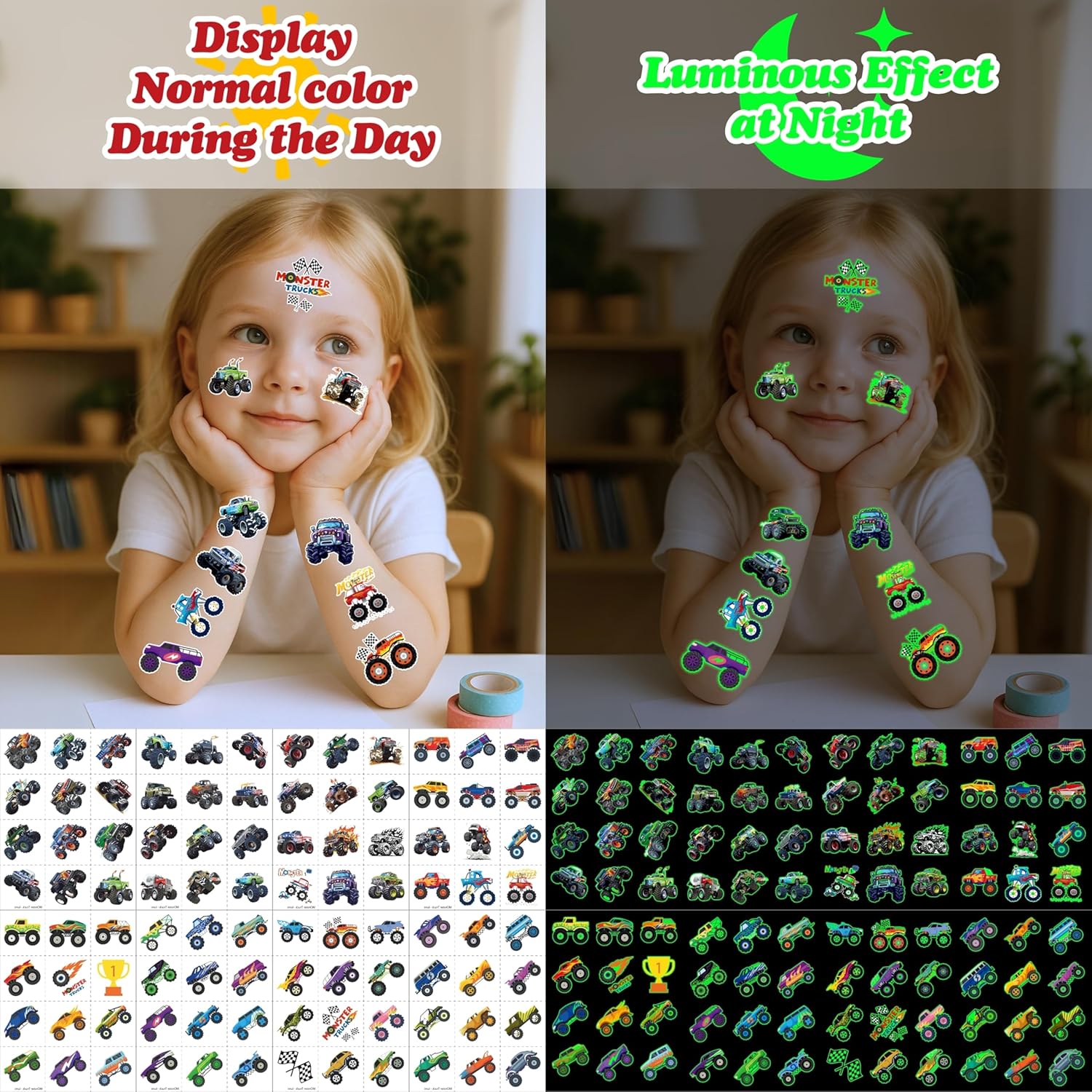 96PCS Monster Truck Temporary Tattoos for Kids