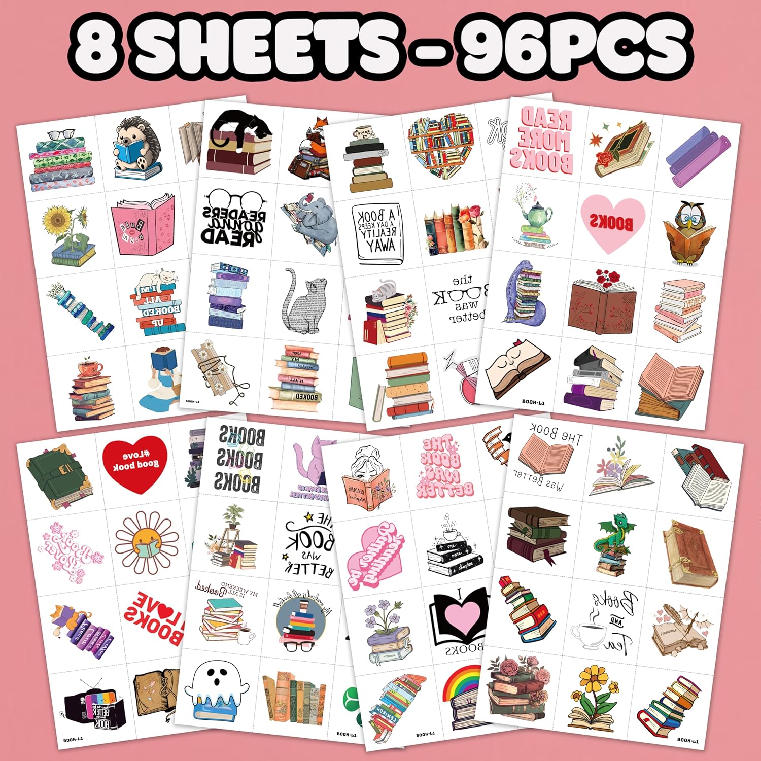 96 Pcs Book Themed Temporary Tattoos Sticker Sheet Set