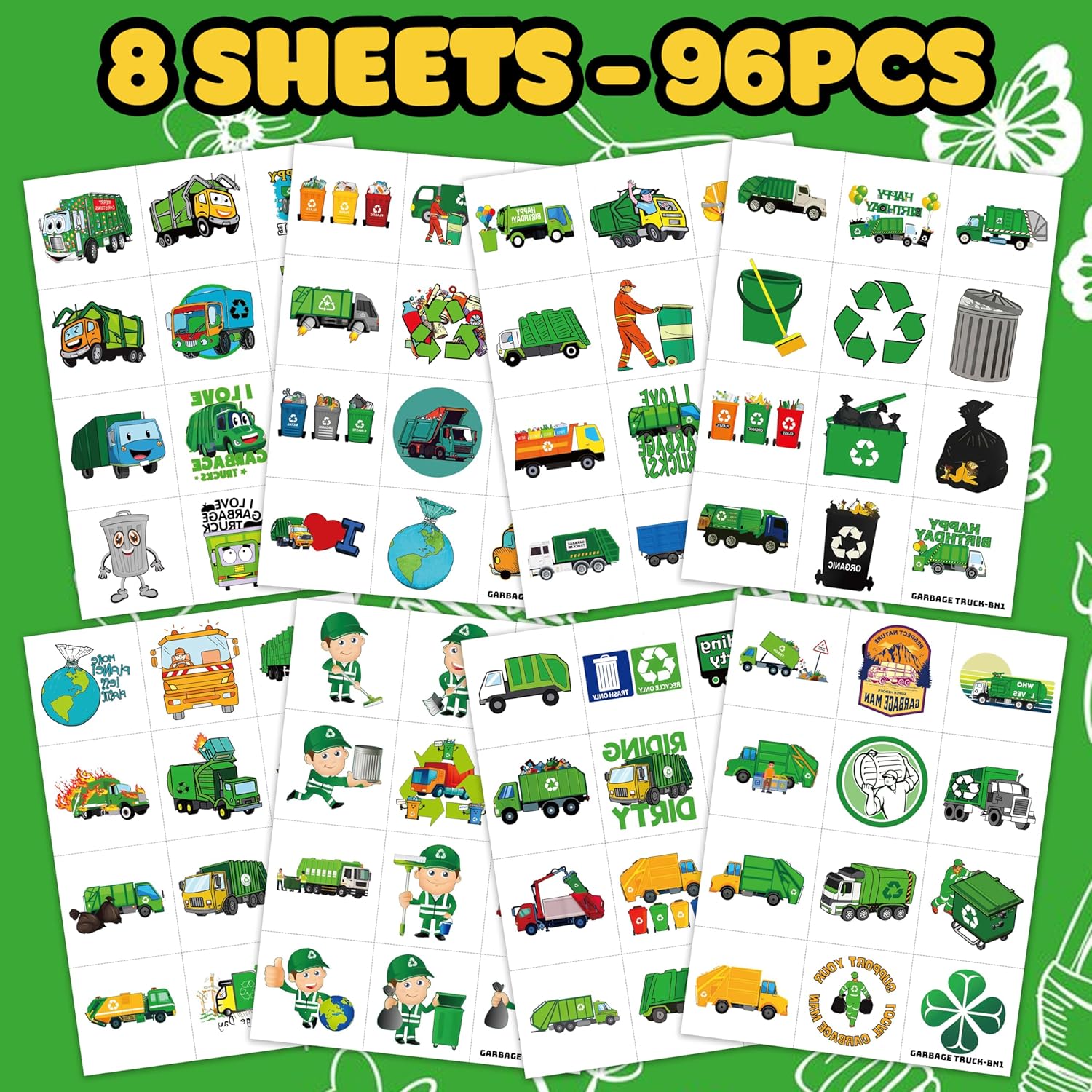 Garbage Truck Temporary Tattoos for Kids 96PCS Set